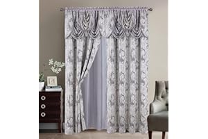 GLORY RUGS Jacquard Luxury 2 Curtain Panel Set with Attached Valance and Backing Bedroom Living Room Dining 54X84 inches Silver Gray