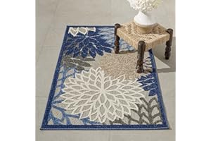 Nourison Aloha Indoor/Outdoor Blue/Multicolor 2'8" x 4' Area Rug, Tropical, Botanical, Easy Cleaning, Non Shedding, Bed Room, Living Room, Dining Room, Deck, Backyard, Patio (3x4)