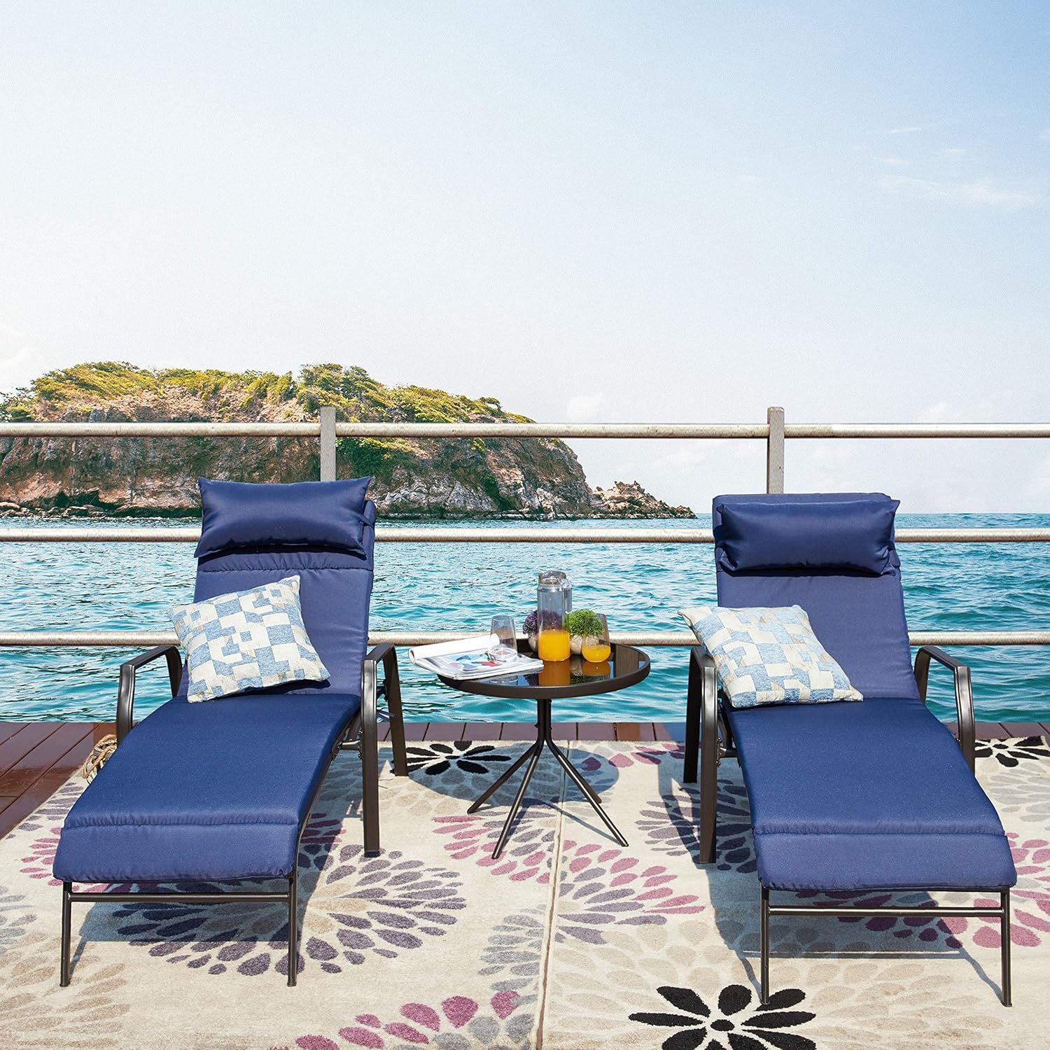 LOKATSE HOME 3 Pieces Outdoor Patio Chaise Lounges Chairs Set Adjustable with Folding Table, Dark Blue Cushions : Garden & Outdoor