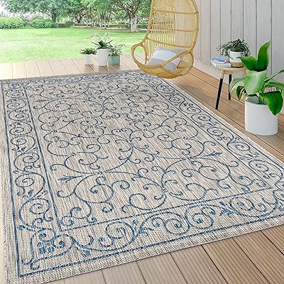 JONATHAN Y SMB106C-8 Charleston Vintage Filigrangewebe Teppich für den Innen- und Außenbereich, leicht zu reinigen, Schlafzimmer, Küche, Garten, Terrasse, Nicht fusselnd, 240 cm x 300 cm, Grau/Marine