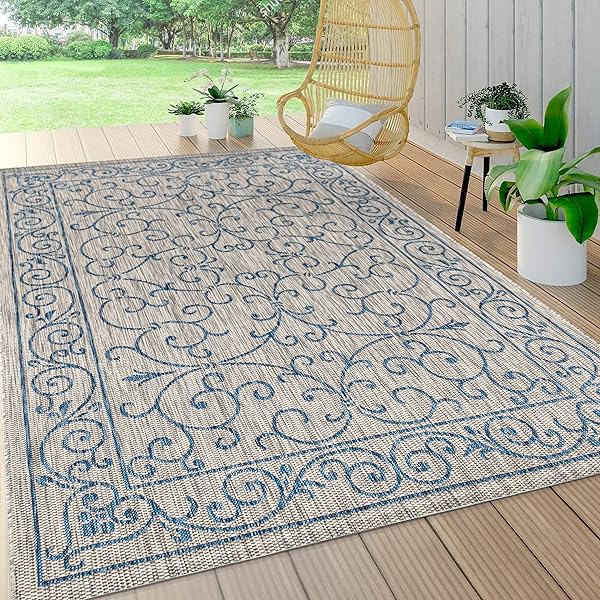 JONATHAN Y SMB106C-8 Charleston Vintage Filigrangewebe Teppich für den Innen- und Außenbereich, leicht zu reinigen, Schlafzimmer, Küche, Garten, Terrasse, Nicht fusselnd, 240 cm x 300 cm, Grau/Marine