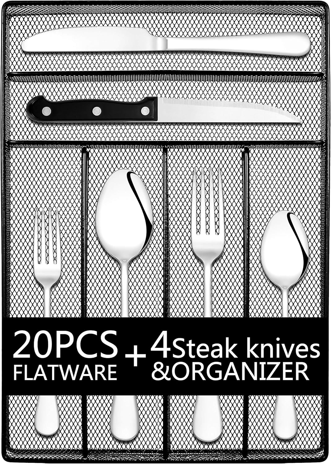  | Silverware Flatware Set, TOPBOOC 24- Piece Stainless Steel Cutlery Set, Utensils Set Service for 4, Include Knife/Fork/Spoon/Steak Knife/Wire Mesh Steel Cutlery Caddy, Mirror Polished (Silver, 24): Flatware Sets