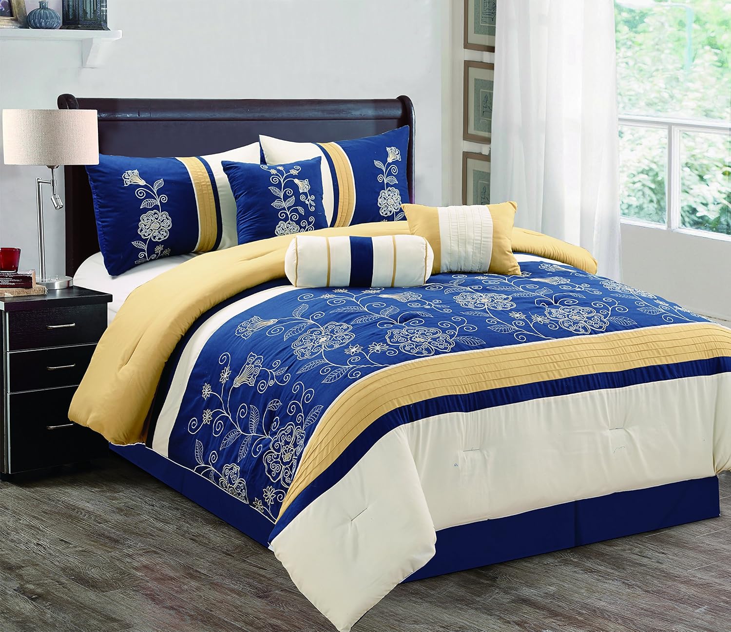 Amazon Com Modern 7 Piece Bedding Navy Blue Gold Off White