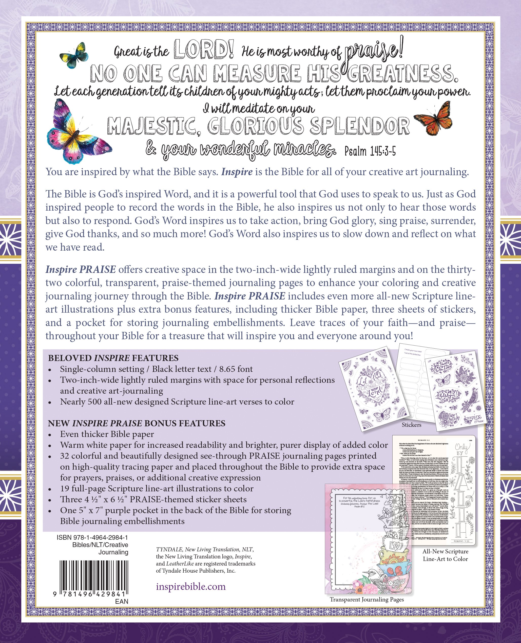Tyndale NLT Inspire PRAISE Bible (LeatherLike, Purple Garden): Coloring Bible–Over 500 Illustrations to Color and Creative Journaling Bible Space, Religious Gifts That Inspire Connection with God