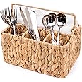 KOLWOVEN Wicker Utensil Caddy Carrier, Wicker Flatware Organizer, Hand Woven Water Hyacinth Cutlery Holder for Countertop with Handle