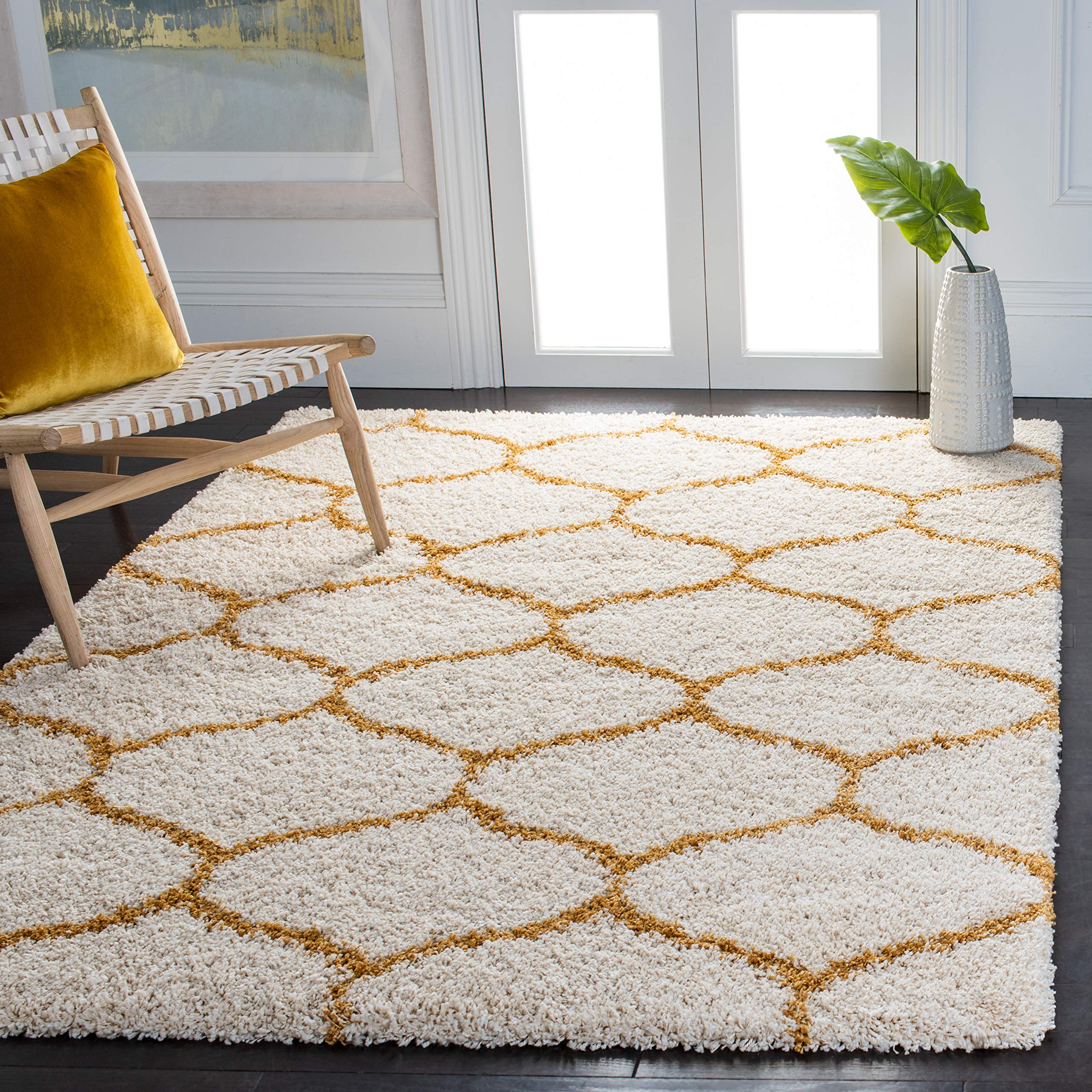 SAFAVIEH Hudson Shag Collection Area Rug - 8' x 10', Ivory & Gold, Moroccan Ogee Trellis Design, Non-Shedding & Easy Care, 2-inch Thick Ideal for High Traffic Areas in Living Room, Bedroom (SGH280F) Image