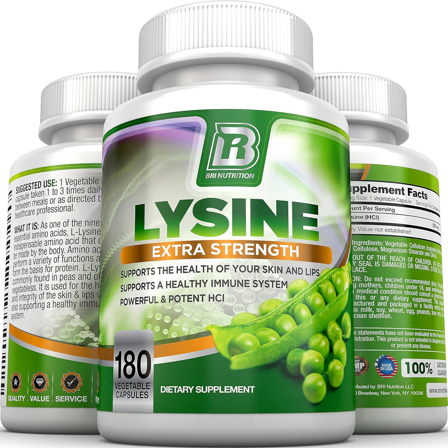 BRI Nutrition L-Lysine 180 Servings Per Bottle - Super 500mg Veggie Capsules: Health & Personal Care