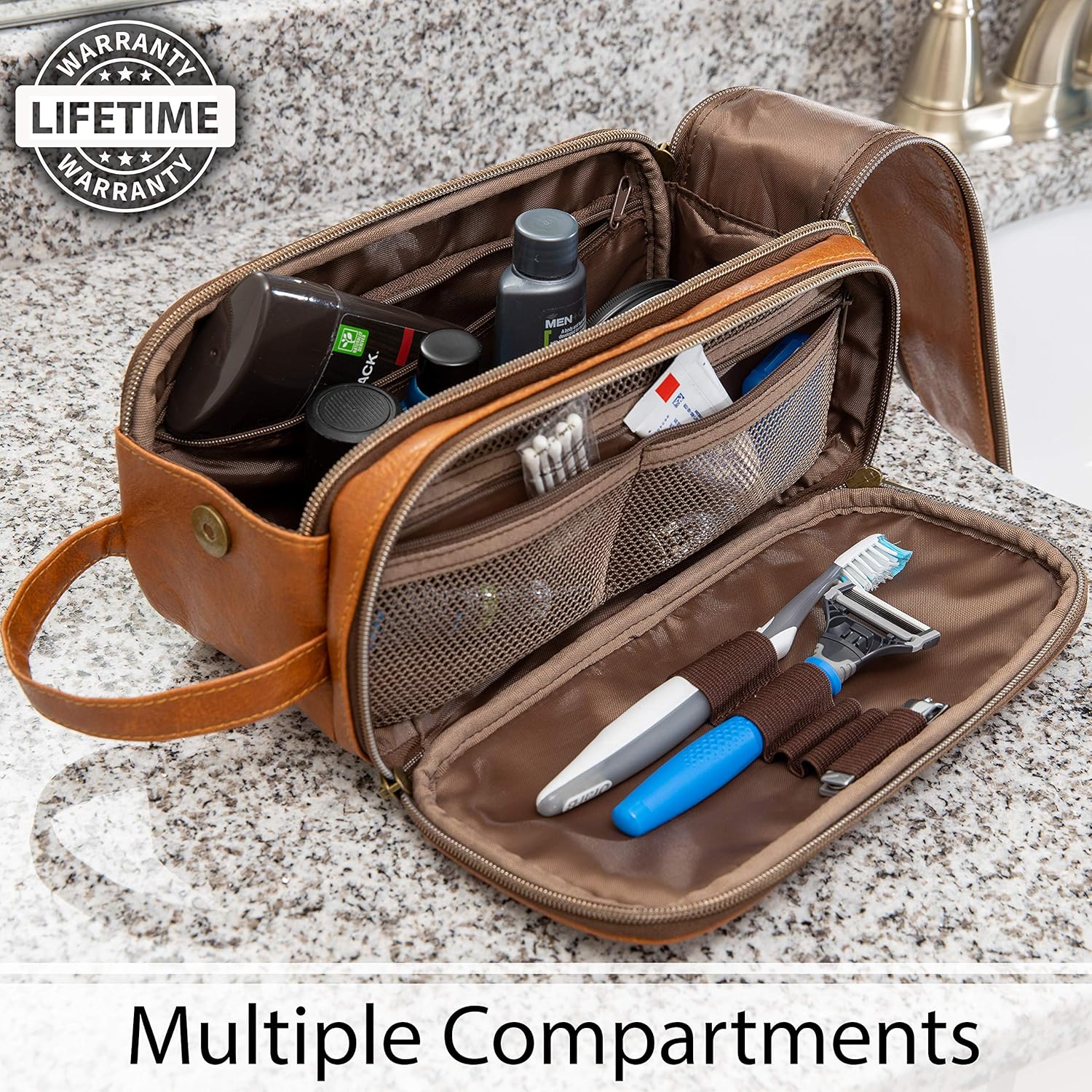 Toiletry Bag for Men or Women - Dopp Kit For Travel. Large Cosmetic and Shaving Bag. Toiletries Organizer PU Leather Bags (Standard, Brown) : Beauty