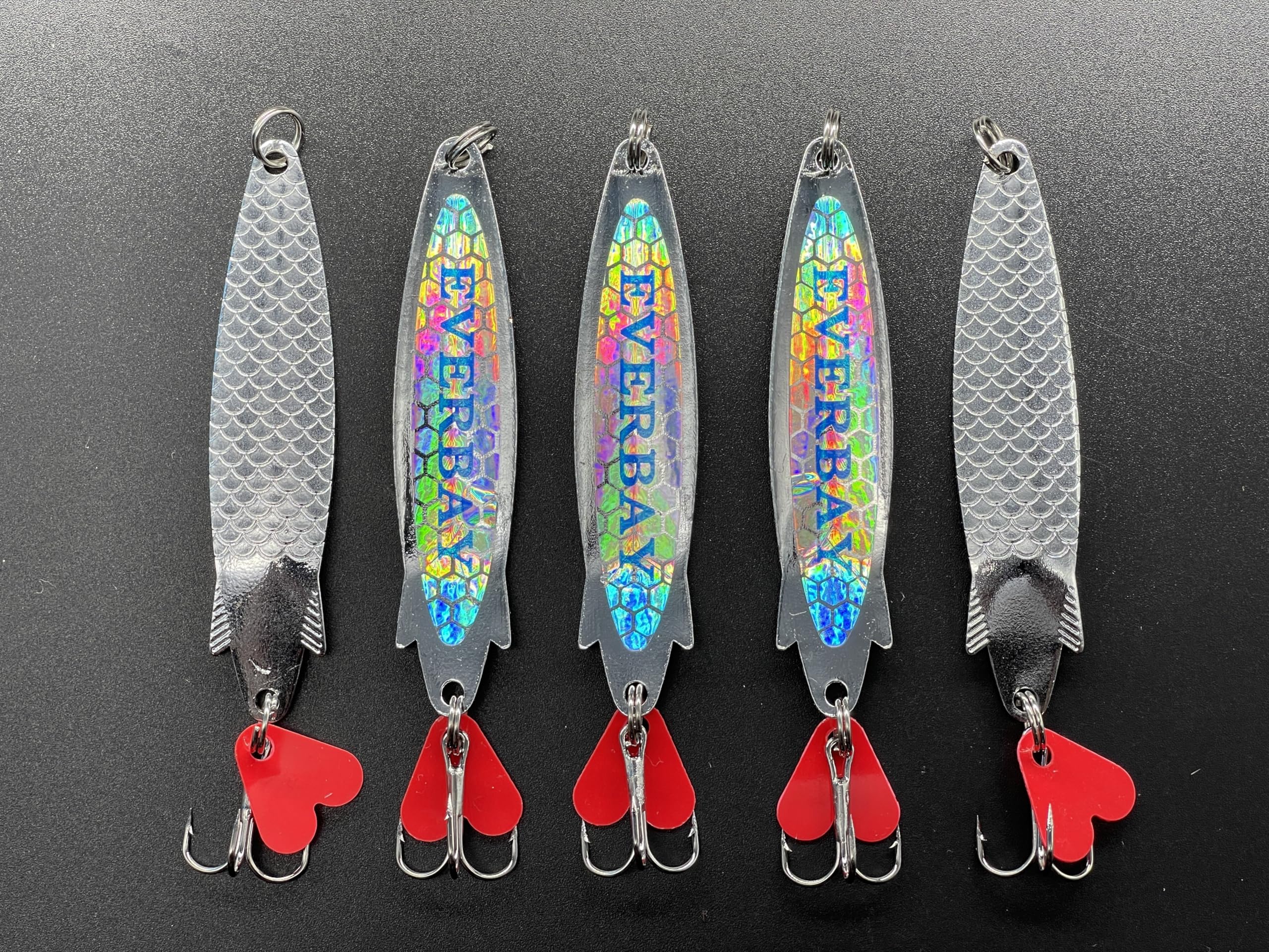 EVERBAY Silver Spinner Spoons Toby Style Fishing Lures Metal Jig Long Cast Sea Fishing Treble Hooks Fishing Spinnerbait for Trout Salmon Bass Cod Pollock, Spinning/Trolling, 7.7cm/12g, 5pcs/Silver