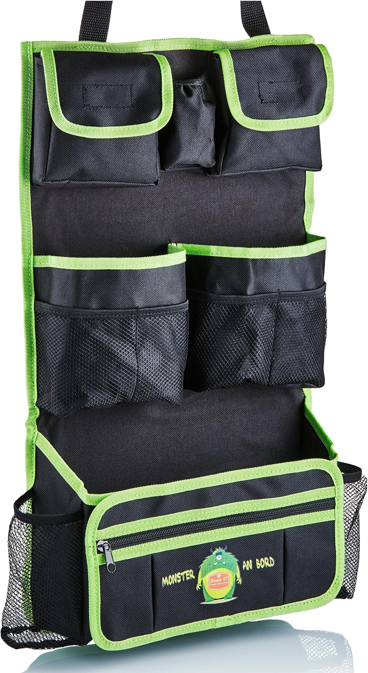 Route 67 car back seat organiser for kids. Toy utensil, backrest protector, cup holder and removable small pouch