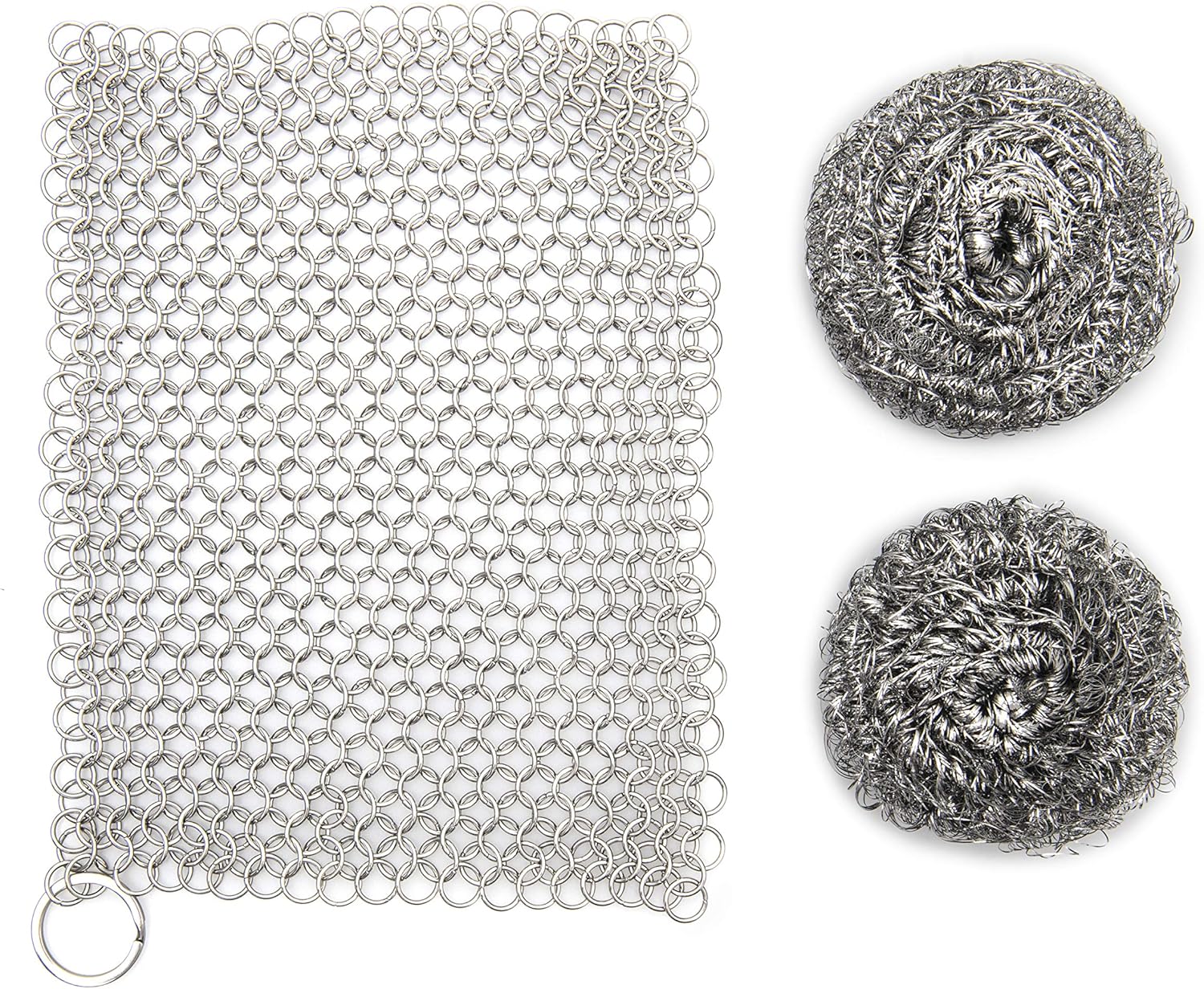 SILVERIO Cast Iron Skillet Cleaner - Heavy Duty Stainless Steel 7” x 7” Chainmail Scrubber - Cleans Pre-Seasoned Pots, Pans, Dutch Ovens, Griddles - Complete with 2 Scouring Sponges: Health & Personal Care