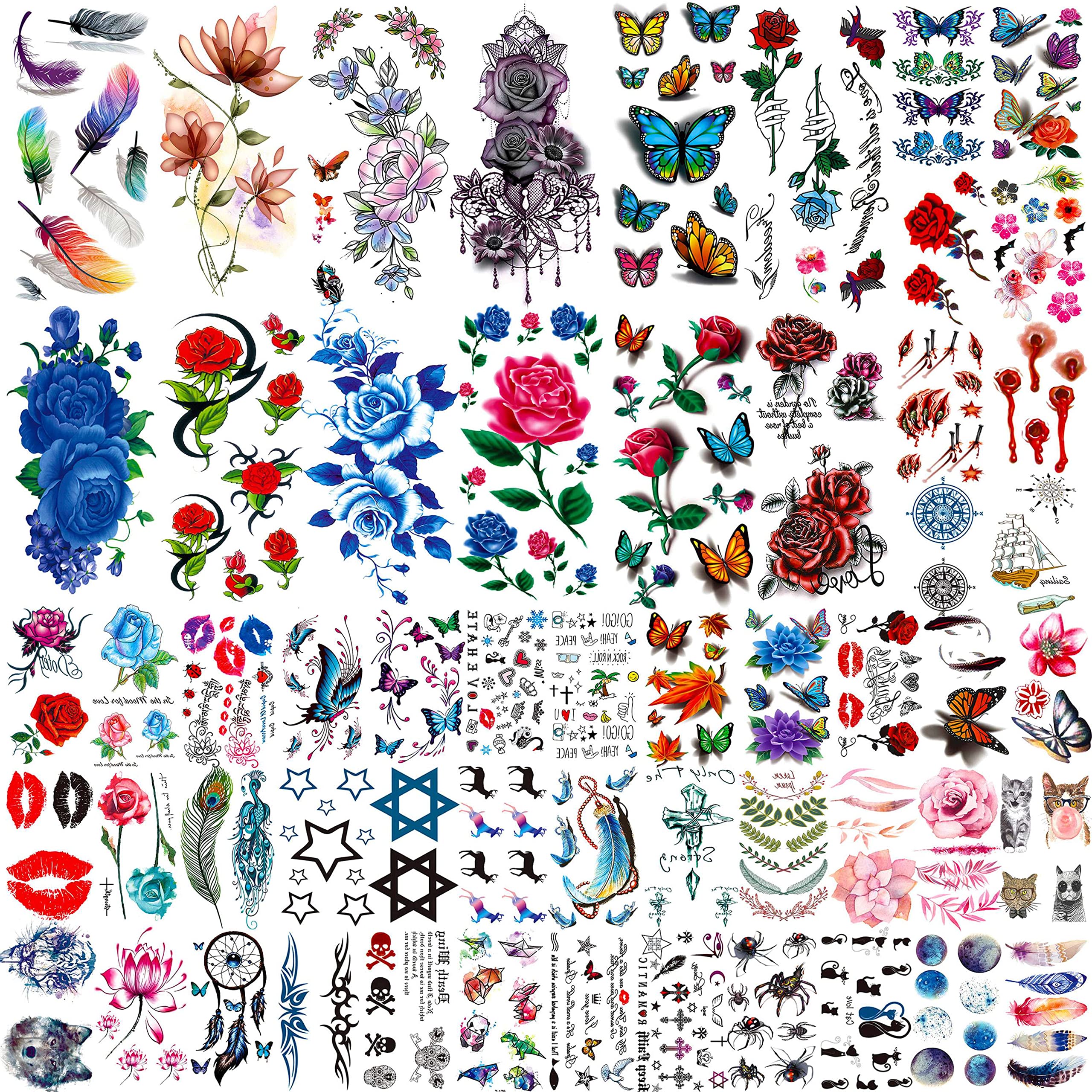COKTAK 56 Sheets Variety Colorful Rose Flowers Temporary Tattoos For Women, Realistic Feather 3D Butterfly Fake Tattoos Temporary For Girls, Sexy Floral Blossom Branch Arm Neck Face Tatoo Sticker Kit