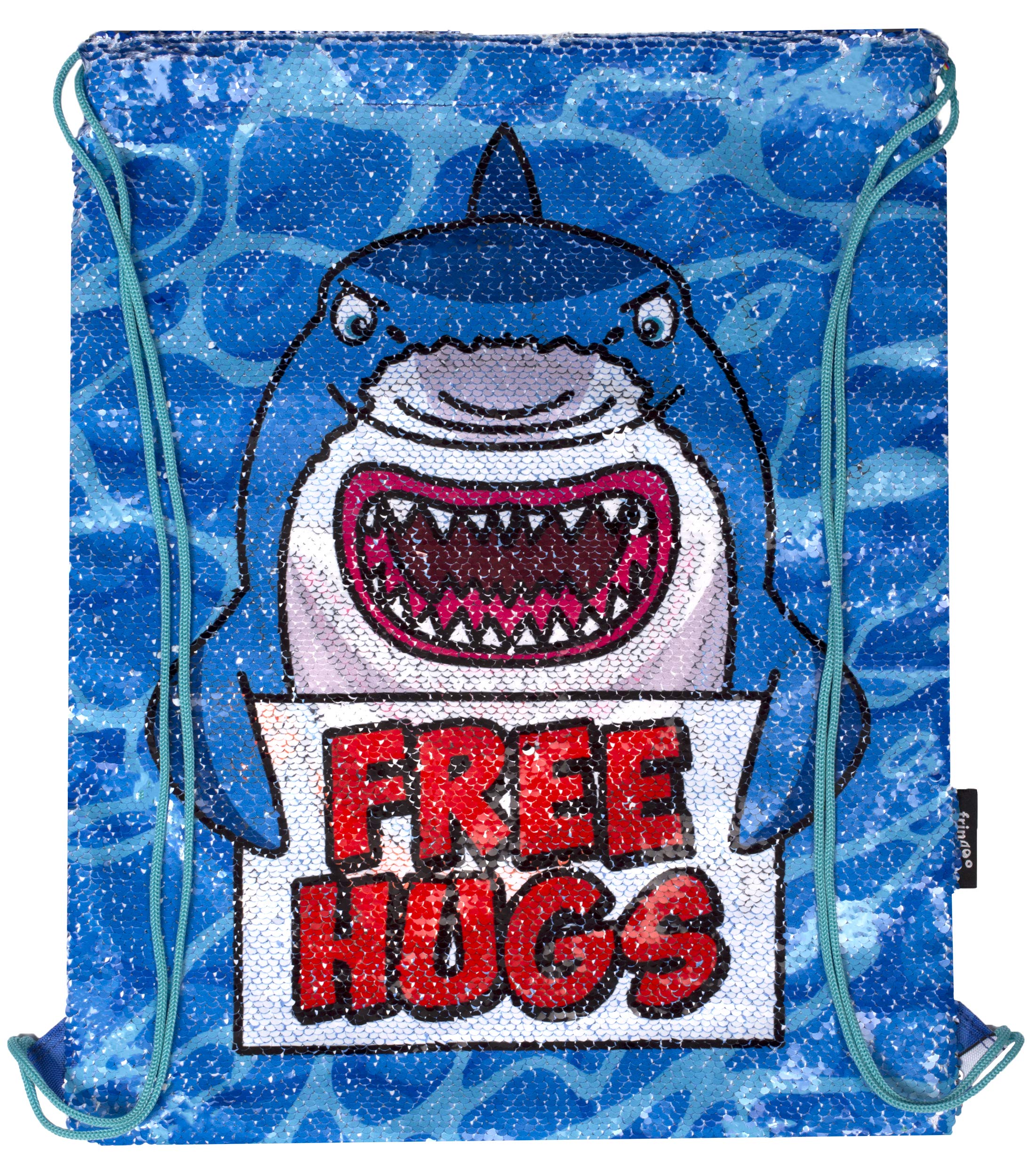 Fringoo - Childrens Reversible Sequin Kids Drawstring Bags | Perfect for PE Kit Bag, Girls Swimming Bag, Boys Large Gym Bag Or School Backpack | Water Resistant - 43 x 34 cm - Shark Free Hugs