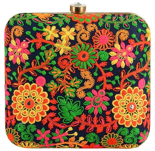Tooba Handicraft Party Wear Hand Embroidered Box Clutch Bag Purse For Bridal, Casual, Party, Wedding (Multi coloured)