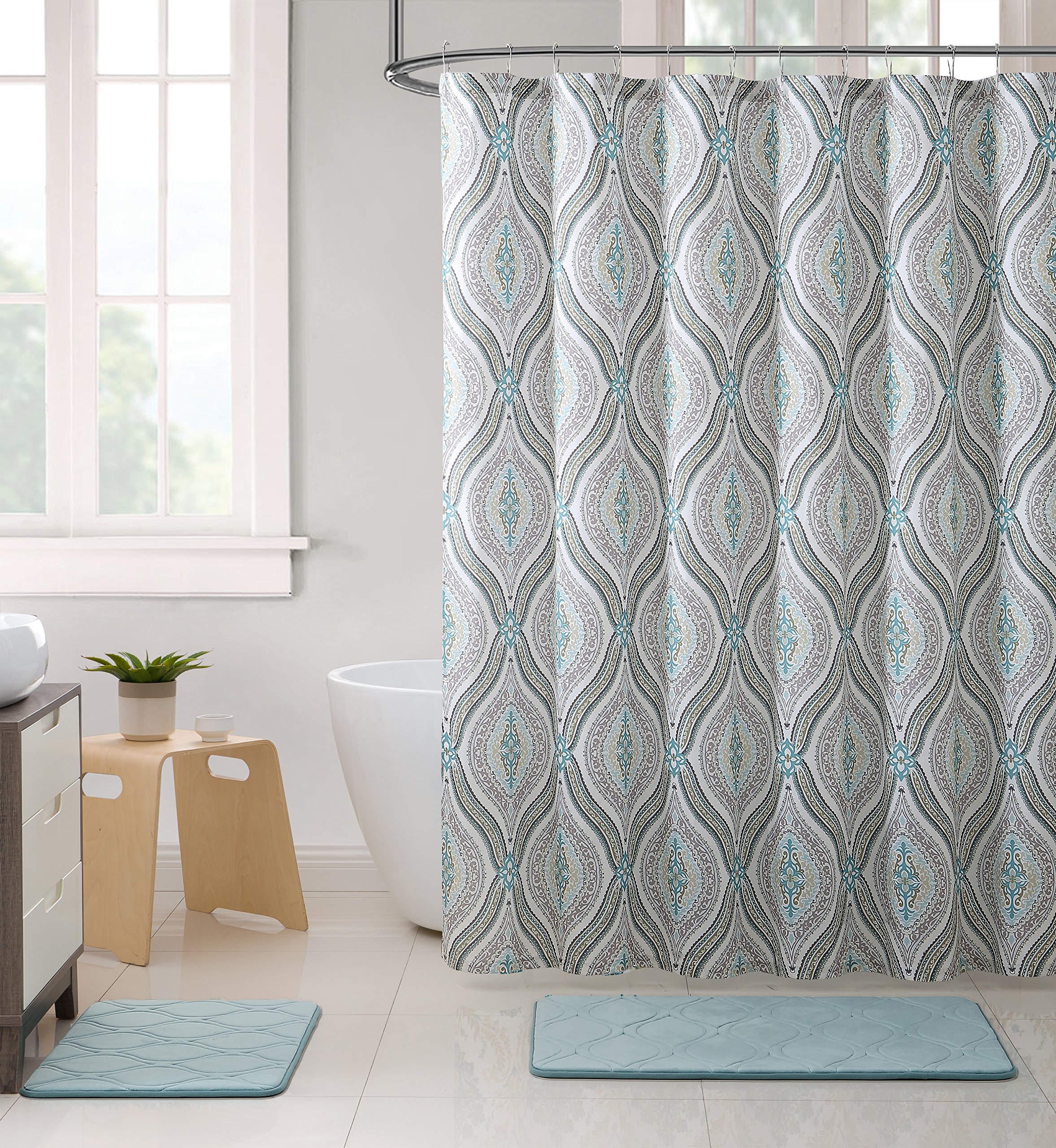 Elegant Blue Brown Neutrals Fabric Shower Curtain Teardrop Paisley