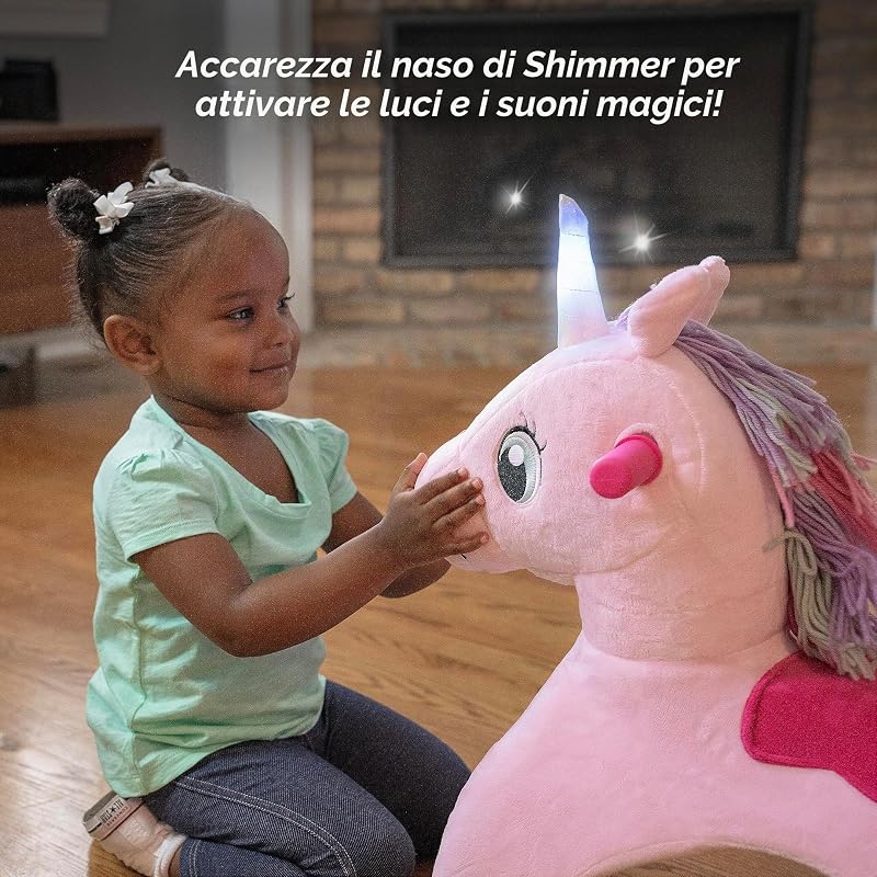 Shimmer l'Unicorno Magico con luci e suoni interattivi, giocattolo cavalcabile rosa, per bambini da 1 a 3 anni