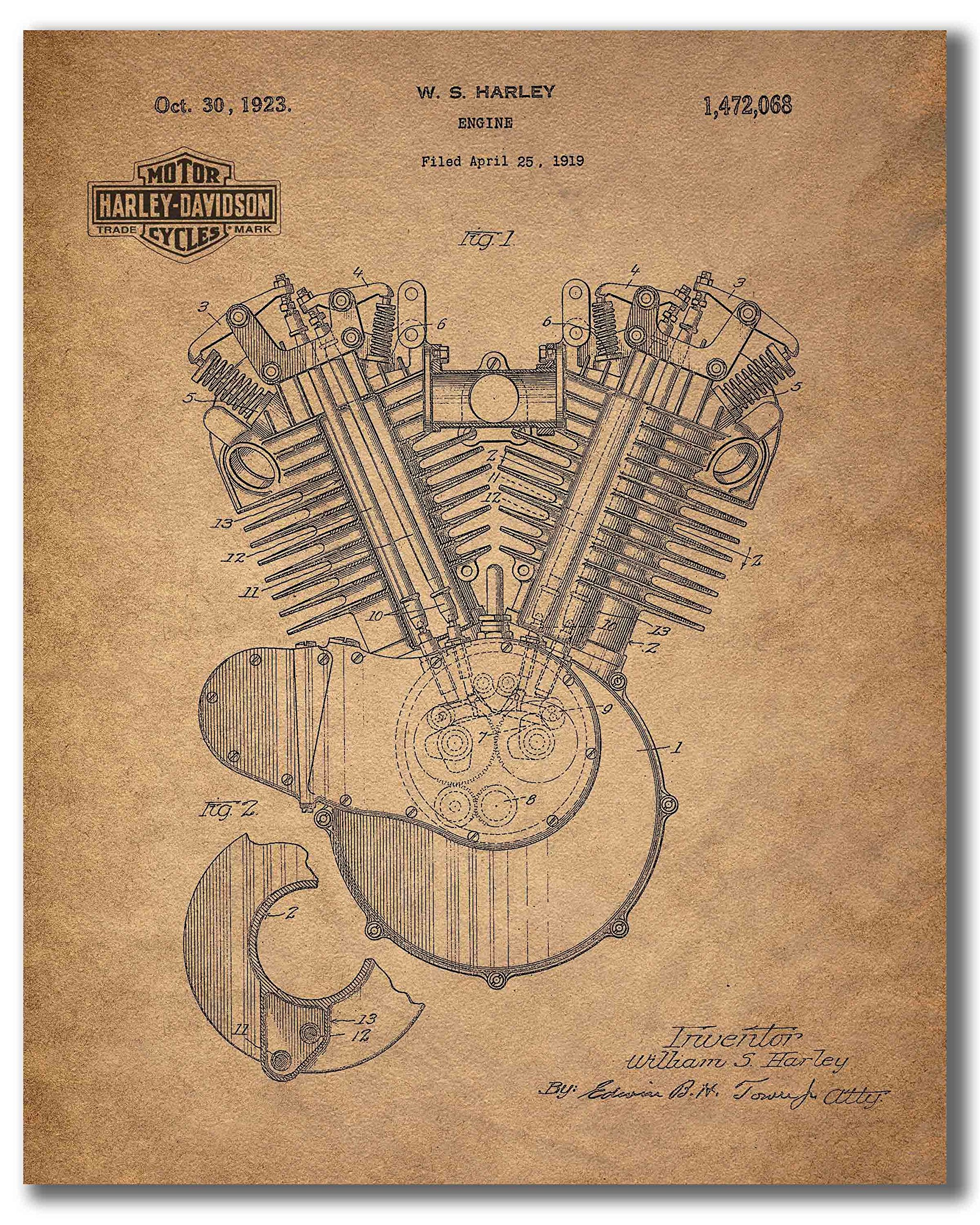 Vintage Office Decor Harley Davidson Patent Print Wall Art Biker Set 4