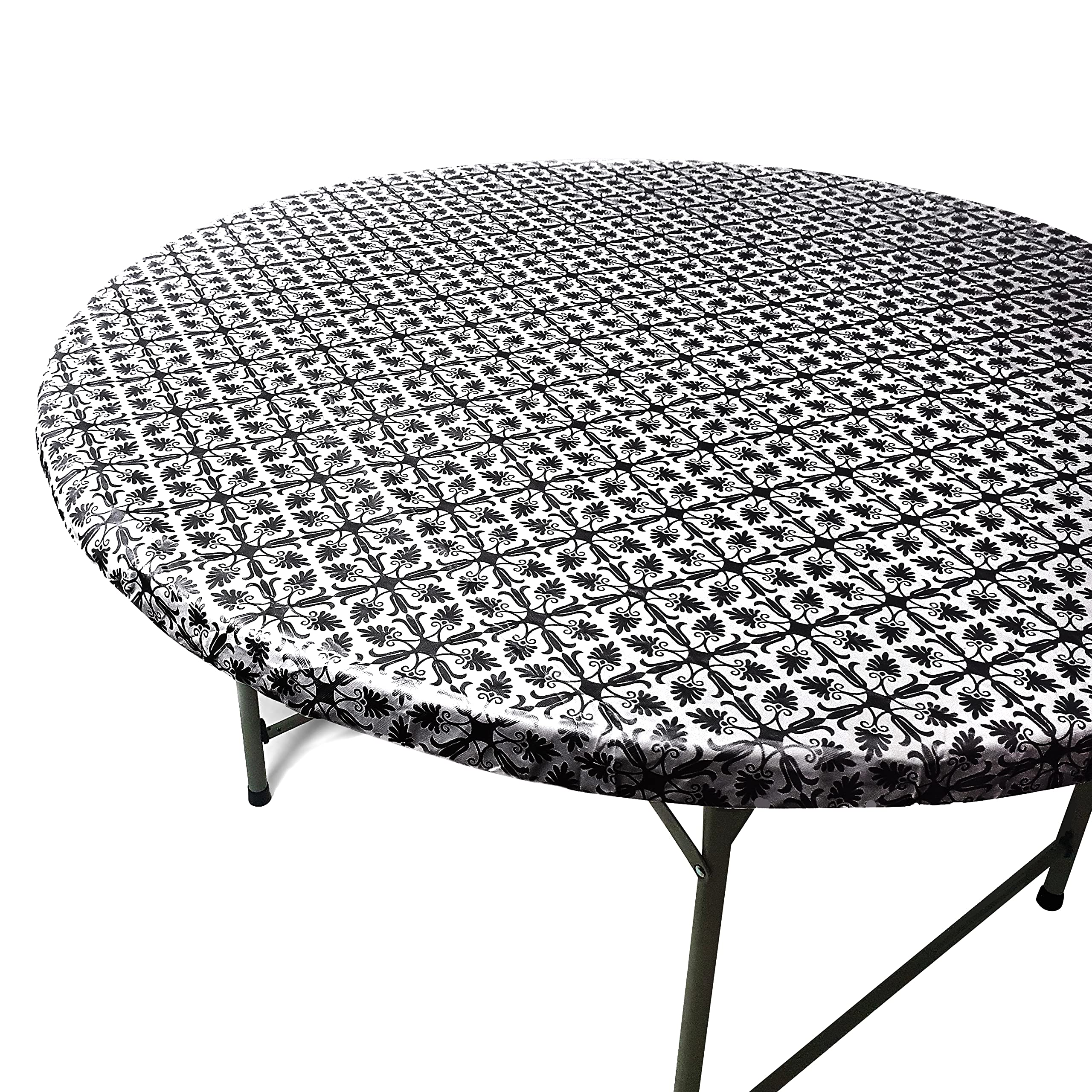 Photo 1 of TopTableCloth Fits Tables up to 43" to 48" Inch Fitted Round Tablecloth Elastic Black Patterned Plastic Vinyl Flannel Backed Party Dining Wedding Outdoor Bar Table Cover Cloth Elasticated Christmas