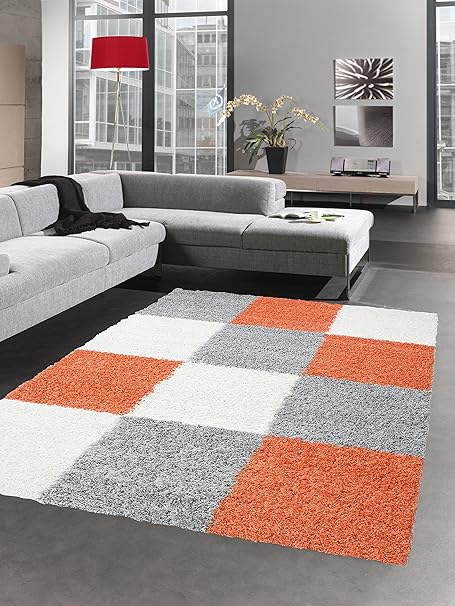 Carpetia Shaggy Carpet Tapis à Poils Profond Pile Longue Tapis De Salon Carpette Karo Crème Rouge Gris Terra Orange Größe 200 X 290 Cm