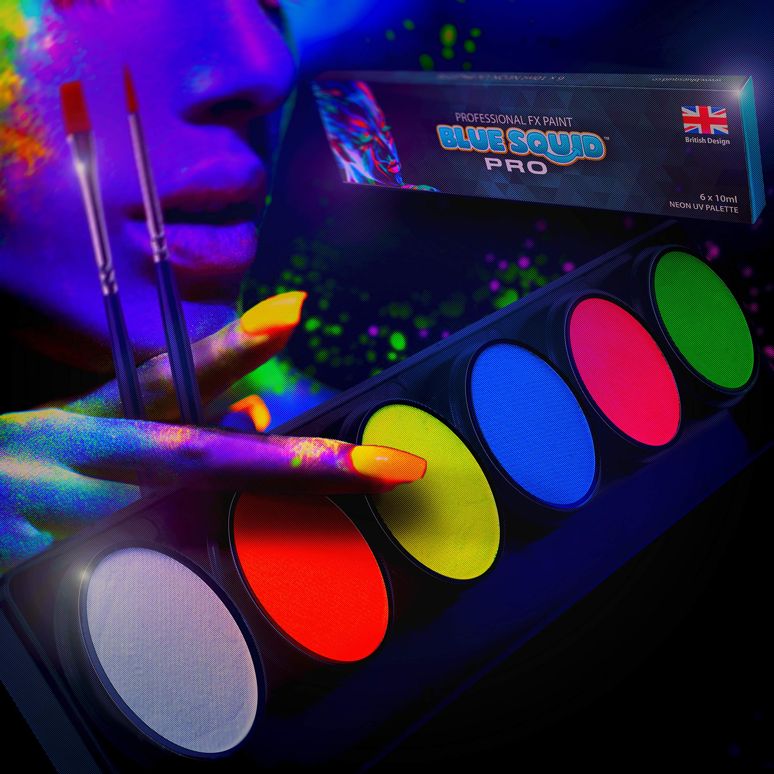 Blue Squid Neon Glow Body Paint Palette Pro – 6x10g Neon Colour Palette, Professional UV Blacklight Body & Face Painting Set, Sfx Makeup Paint Supplies, Safe for Sensitive Skin