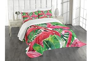 Ambesonne Flamingo Bedspread, Flamingos Sitting on Macro Tropic Exotic Leaves Graphic in Retro Style Artwork, Decorative Quilted 3 Piece Coverlet Set with 2 Pillow Shams, King Size, Pink Green