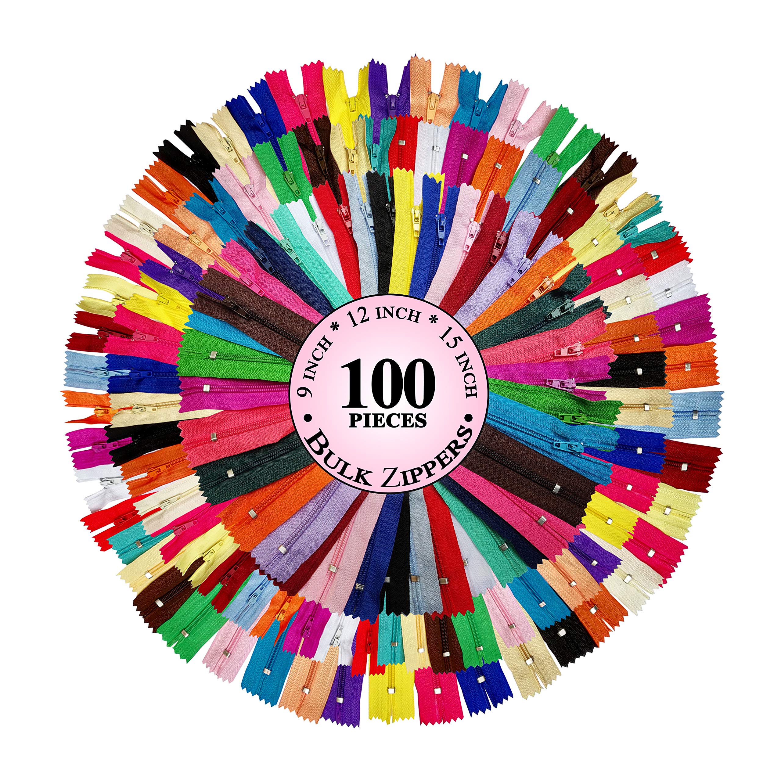 KGS Bulk Nylon Zippers for Sewing Crafts | Variety Pack | 20 Assorted Colors | 3 Different Sizes | 100 Pieces per Pack | 9+12+15 Inches