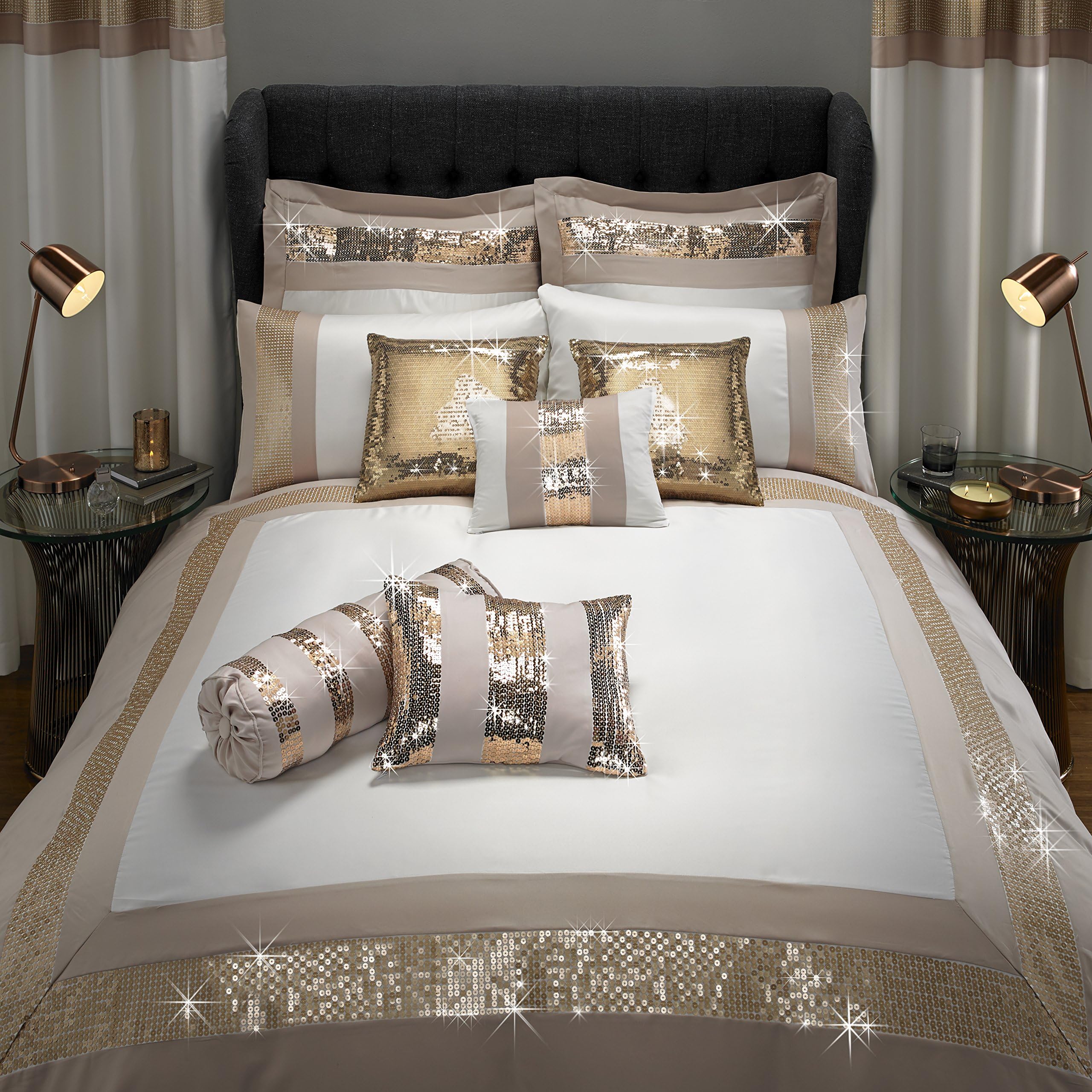 By Caprice Home Capr King Duvet Border, Polyester-Cotton, White/Rose Gold/matt Gold Sequins