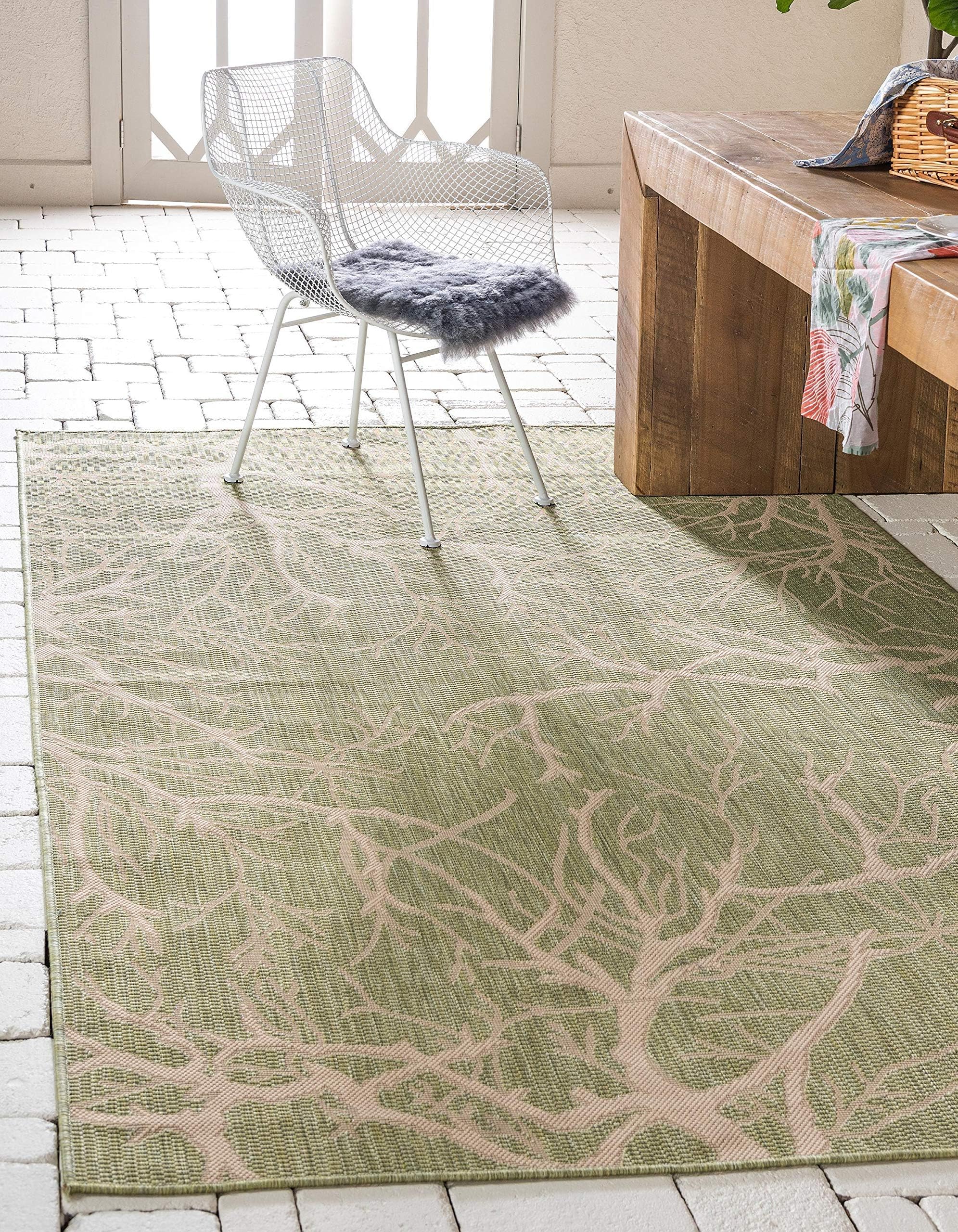 Unique LoomOutdoor Botanical Collection Area Rug - Branch (9' x 12' 2" Rectangle, Light Green/ Beige)