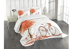 Ambesonne Autumn Bedspread Set, Watercolor Fall Season Landscape with Leaves Flying in Breeze Bicycle, 3 Piece Decorative Bedding Coverlet and 2 Pillow Shams, Queen Size, Orange Brown and White