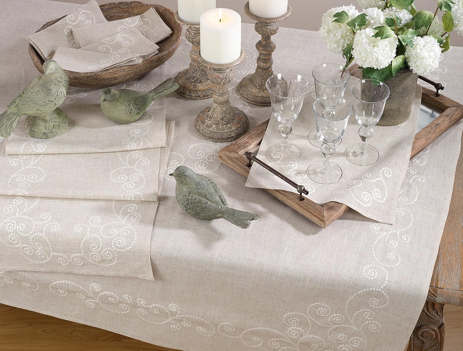 SARO LIFESTYLE Embroidered Swirl Design Linen Blend Tablecloth/001.N67120B, 67" x 120", Natural: Home & Kitchen