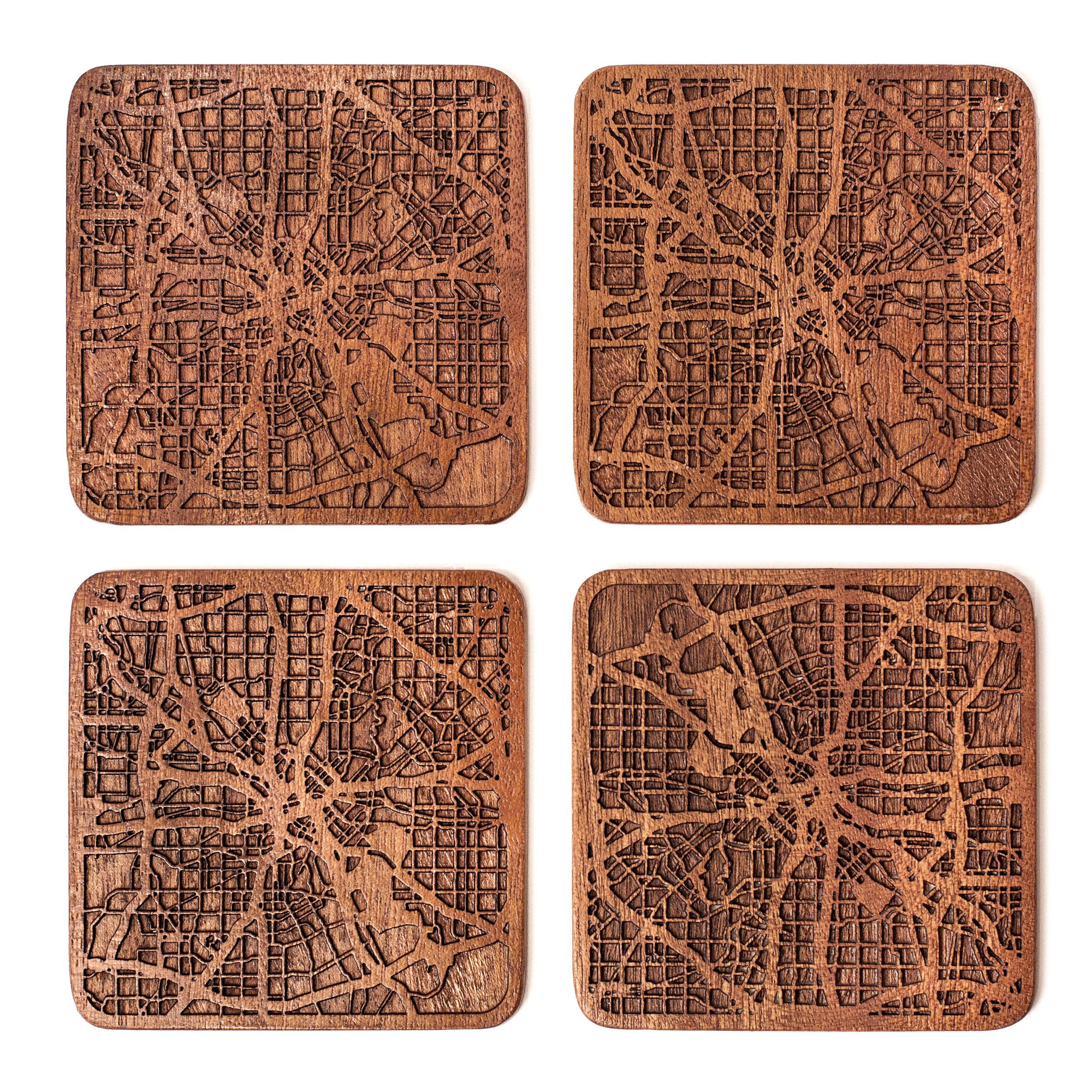 Dallas Map Coaster, Set of 4, Sapele Wooden Coaster with City Map, Handmade