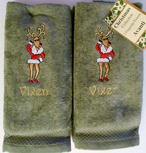 Santa's Reindeer Embroidered Fingertip Towels Set of Two