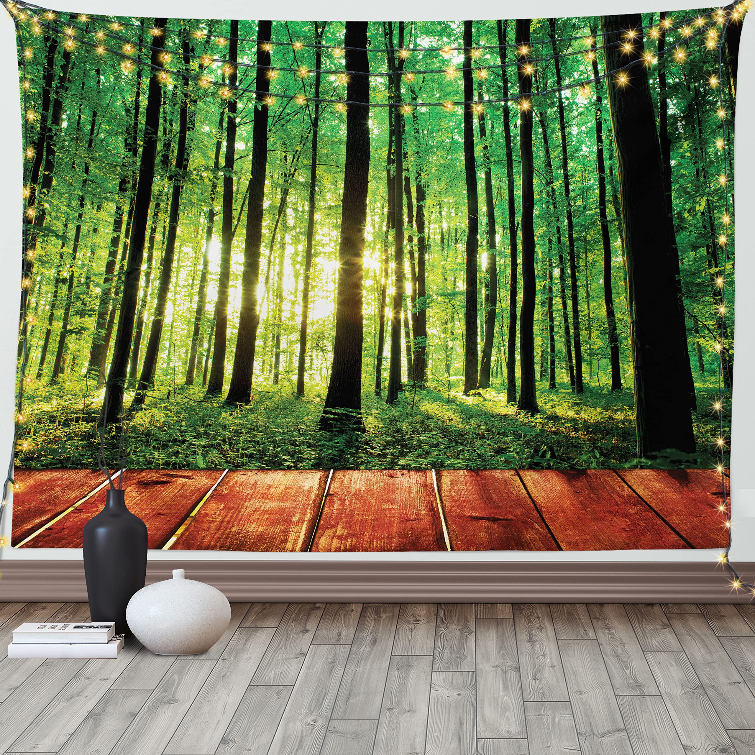 ABAKUHAUS Forest Tapestry, Trees Forest Picture from Indoor Sun Rays as Background Wooden Floor Art Print, Fabric Wall Hanging Decor for Bedroom Living Room Dorm, 58 W X 43 L, Green Brown