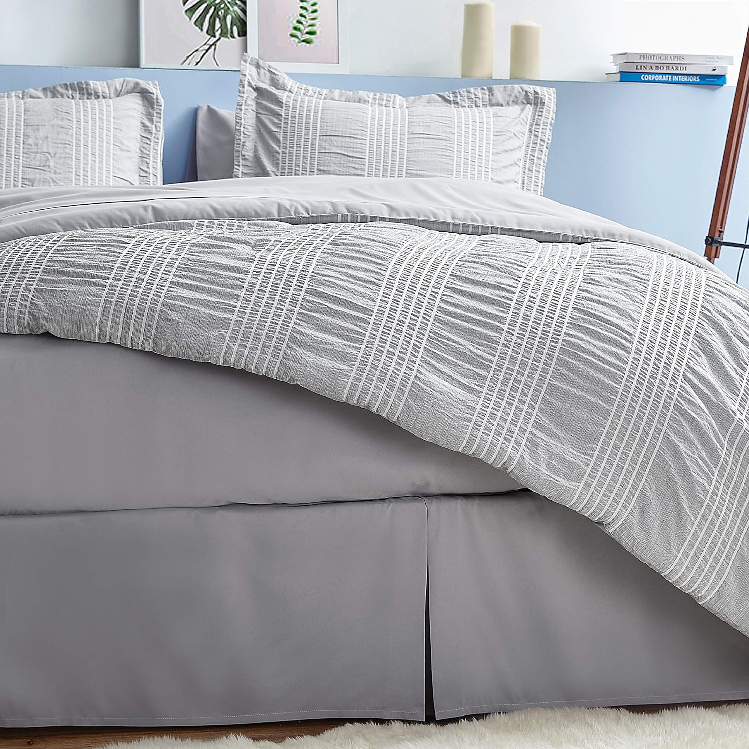 Bedsure Full Queen Comforter Set 8 Piece Bed in A Bag Stripes Seersucker Soft Lightweight Down Alternative Grey Bedding Set 88x88 inch: Kitchen & Dining