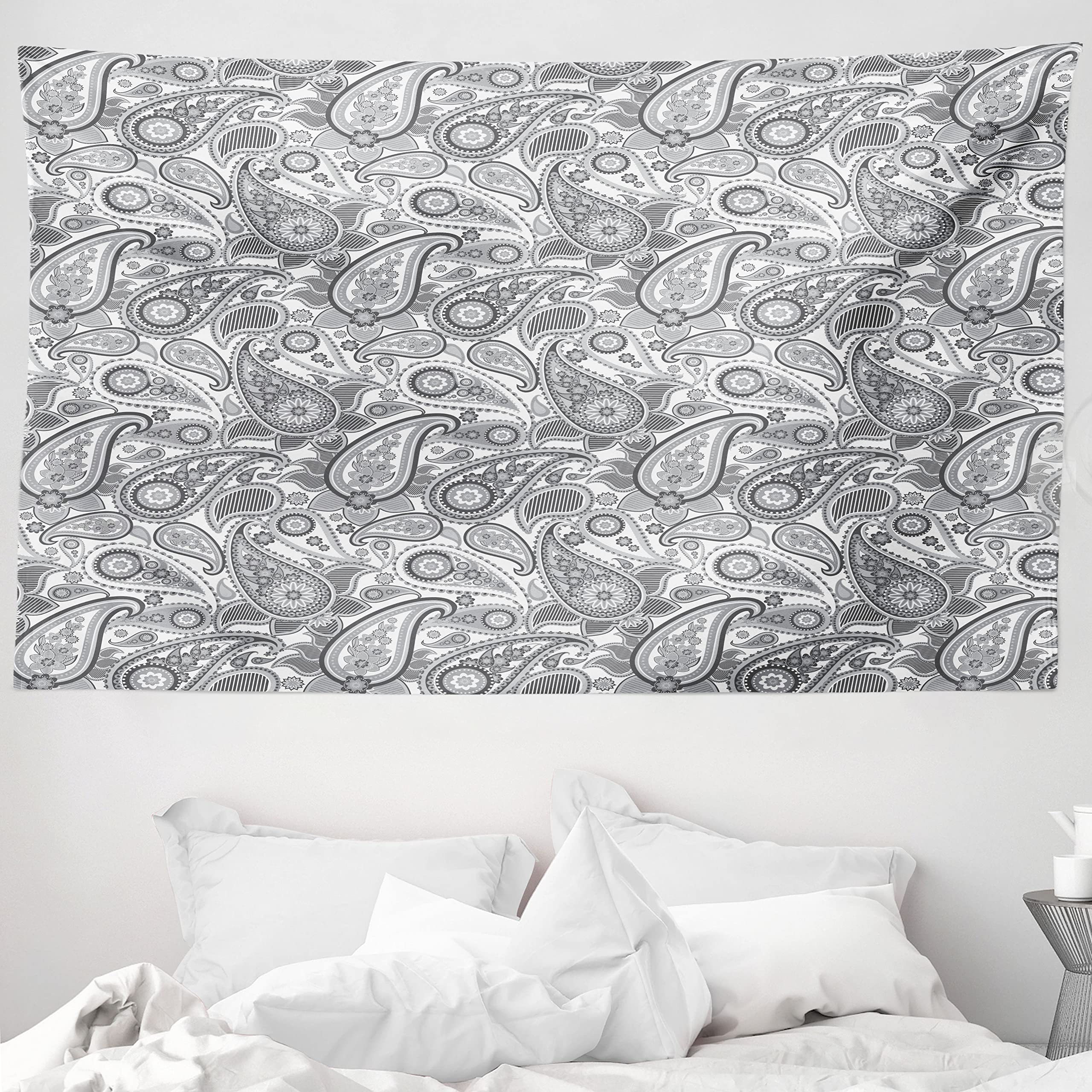 ABAKUHAUS Paisley Tapestry, Soft Digital Traditional Persian Ornate Leaf Figures with Stripes Tracery Image, Fabric Wall Hanging Decor for Bedroom Living Room Dorm, 90 W X 54 L, Grey and White