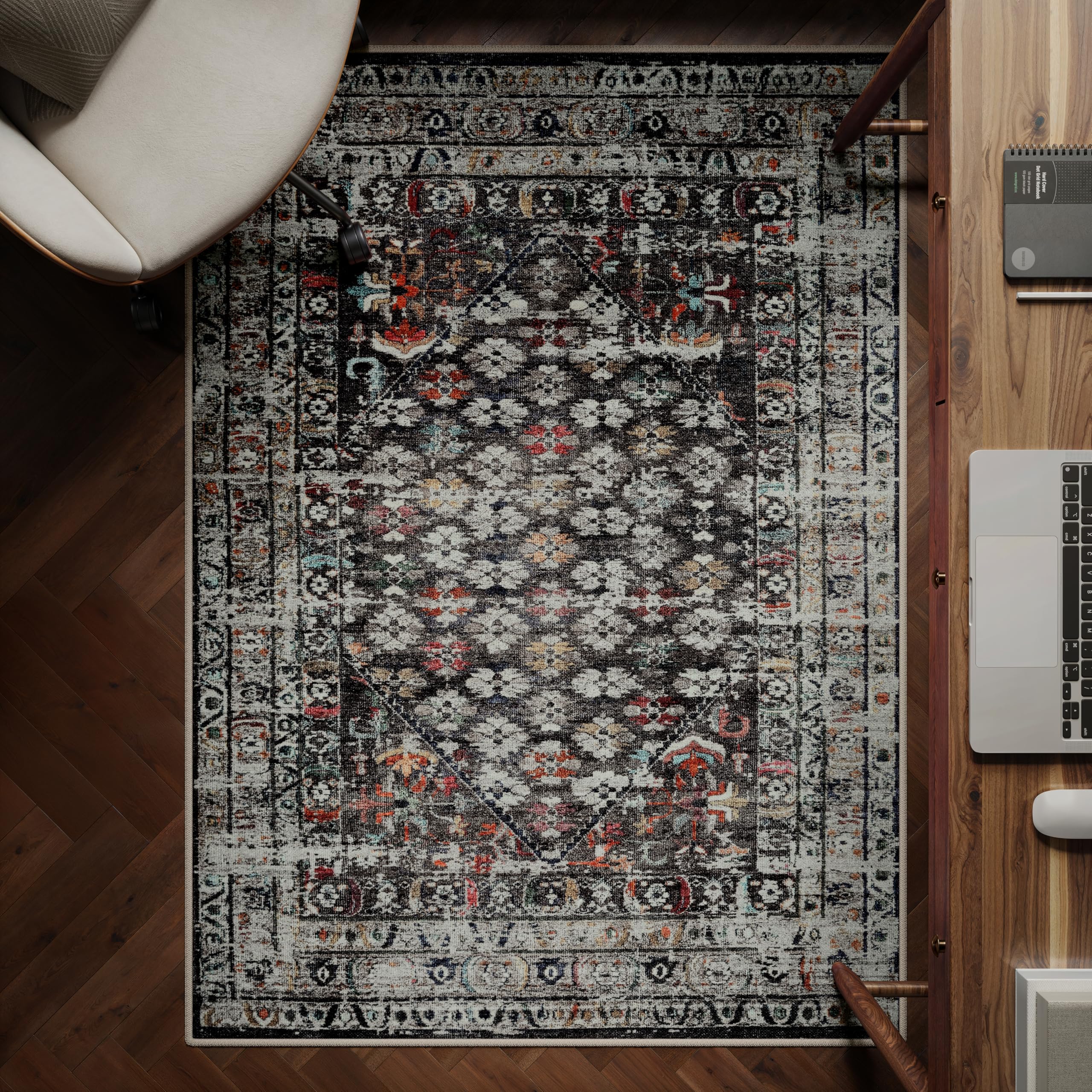 artyrugs Machine Washable Rug, 122x170cm, 75% Recycled Cotton, Short Pile, Non-Slip Backing, Non-Shedding, Suitable for Living Room, Bedroom, Kitchen, Hallway, Office, Opal Charcoal