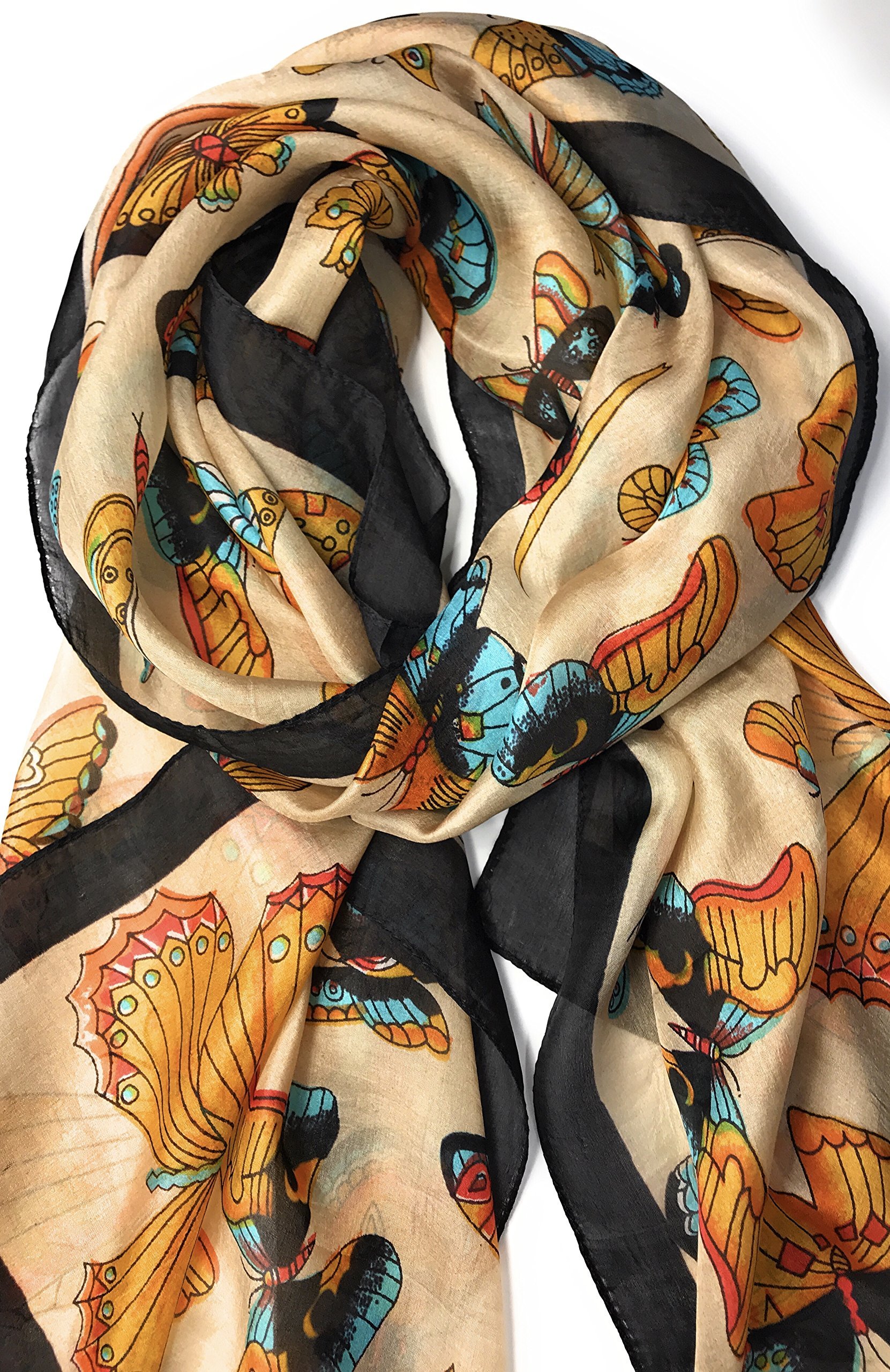 Z&HTrends Womens Genuine Silk Scarf (Small, Black/Earth Butterflies) Z&HTrends Womens Genuine Silk Scarf (Small, Black/Earth Butterflies)
