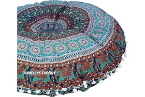 Third Eye Export Boho Room Decor Aesthetic: Vintage Indie 32 Inches Indian Blue Mandala Round Pillows Meditation Cushion Cover, Perfect for Cottagecore Hippie Room Decor (Blue-3, 32 Inches (81 Cms.)