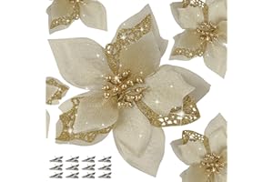 Childom 12 PCS Poinsettia Flower Artificial Poinsettia Christmas Decoration 5.9'' Gold Glitter Poinsettias Christmas Ornaments Xmas Tree Flower Decor with Clips DIY Xmas Wreath Holiday Home Party