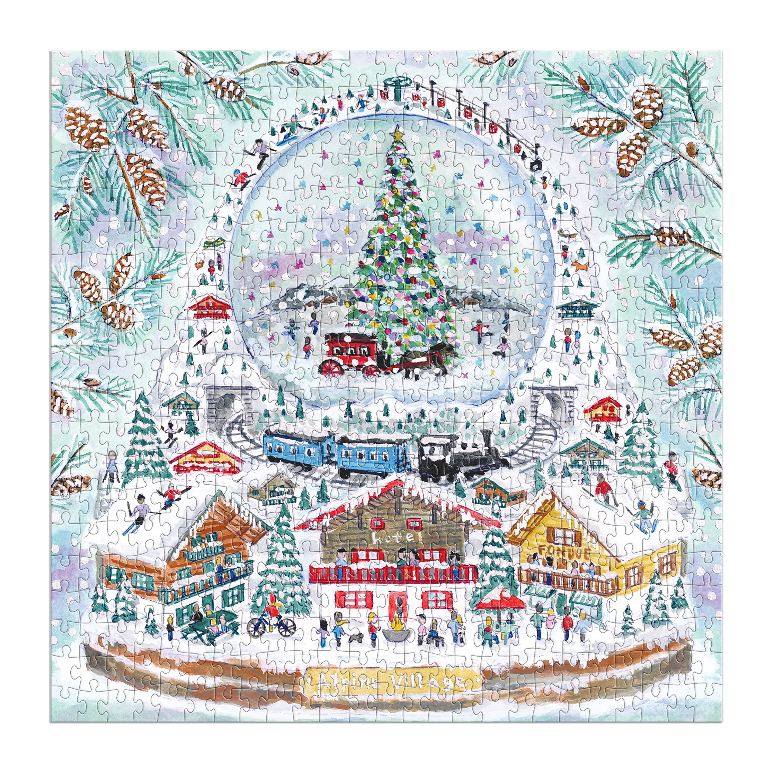 Galison Michael Storrings Alpine Village Snow Globe – 500 Piece Foil Puzzle of Christmas Snow Filled Mountains Artwork with Gold Foil Accents