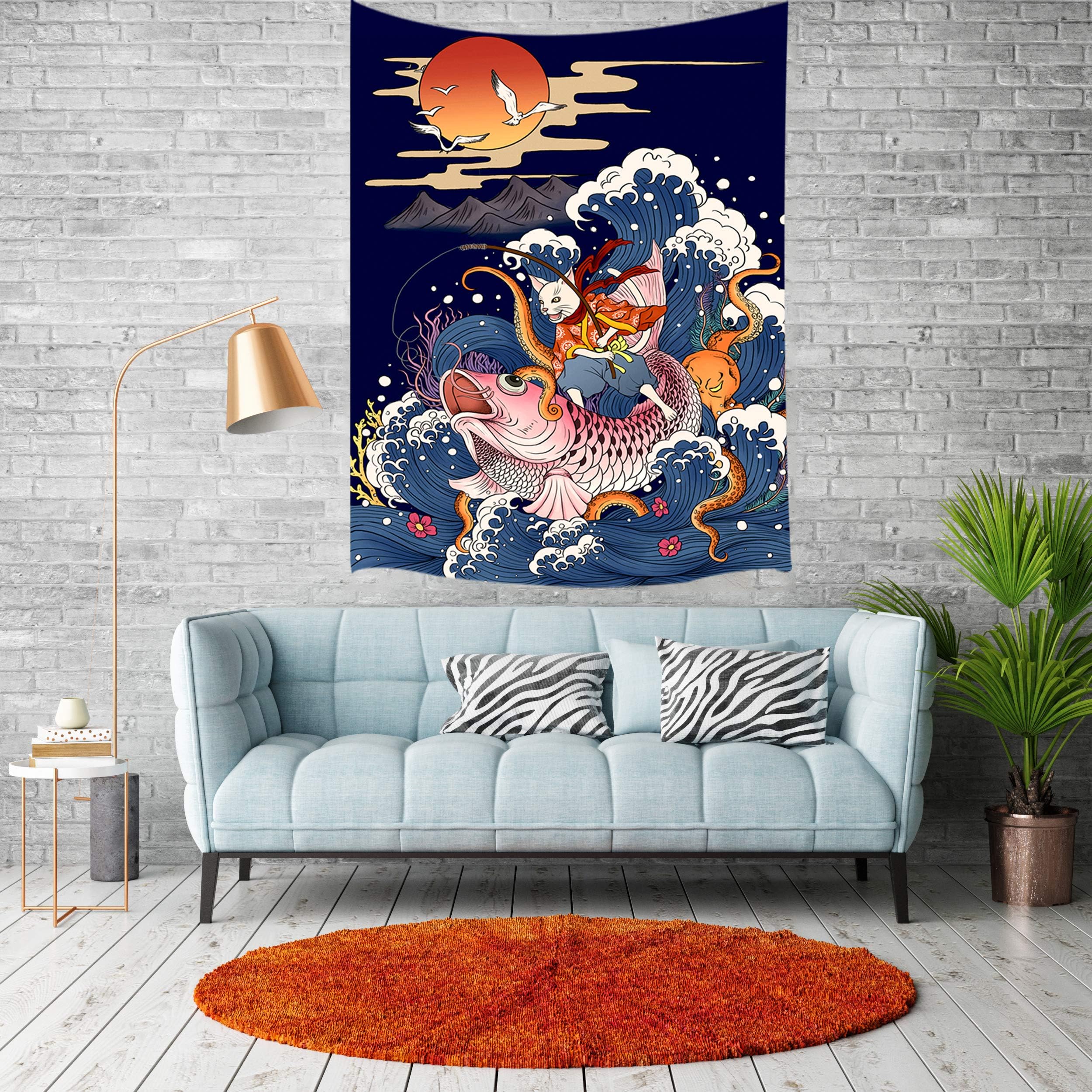 JAWO Japanese Ukiyo-e Wall Tapestry Cat on Large Koi Fish in Sea Great Wave Trippy Hipe Wall Hanging Tapestry Blanket for Bedroom Living Room Dorm Wall Decor Art Tapestry Bedspread 40X60 inches