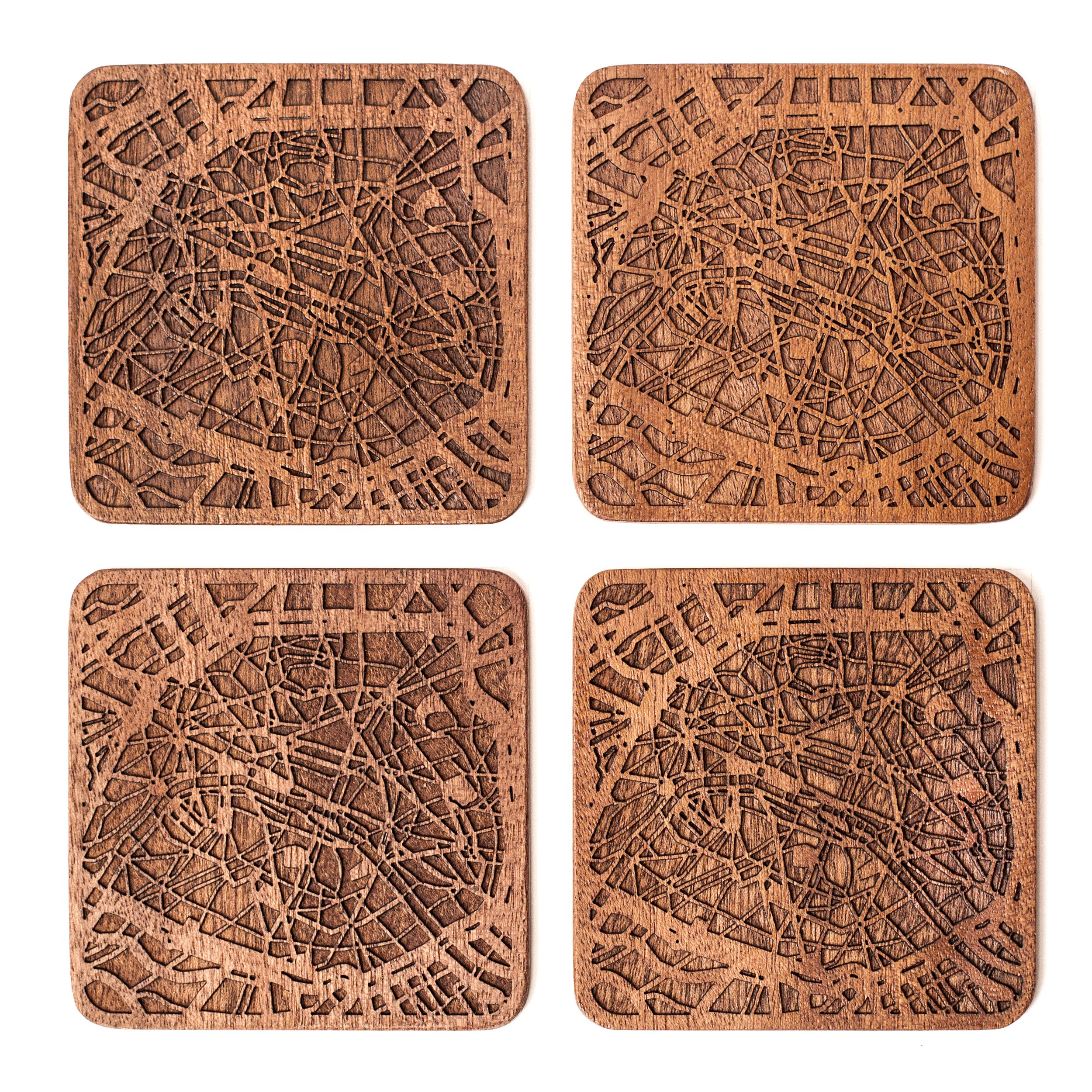 Paris Map Coaster, Set of 4, Sapele Wooden Coaster with City Map, Handmade