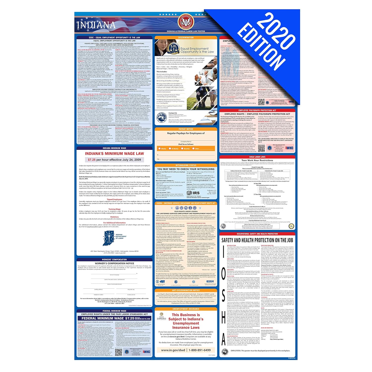 2020 Indiana Labor Law Poster State Federal Osha Compliant