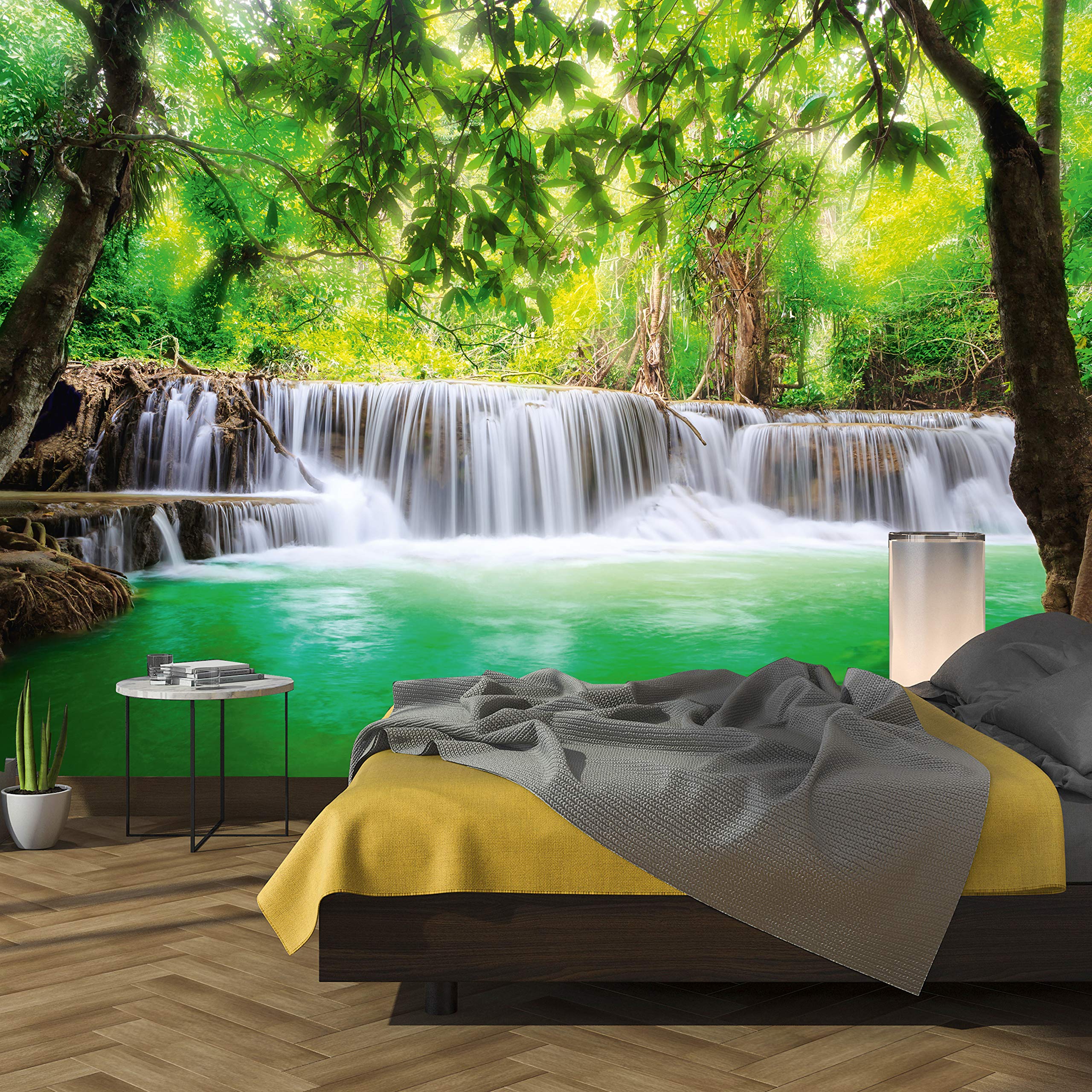 murimage Photo Wallpaper Waterfall 3D 366 x 254 cm Including Paste Wall Mural Jungle River Forest Bamboo Tropical Nature Asia Thailand