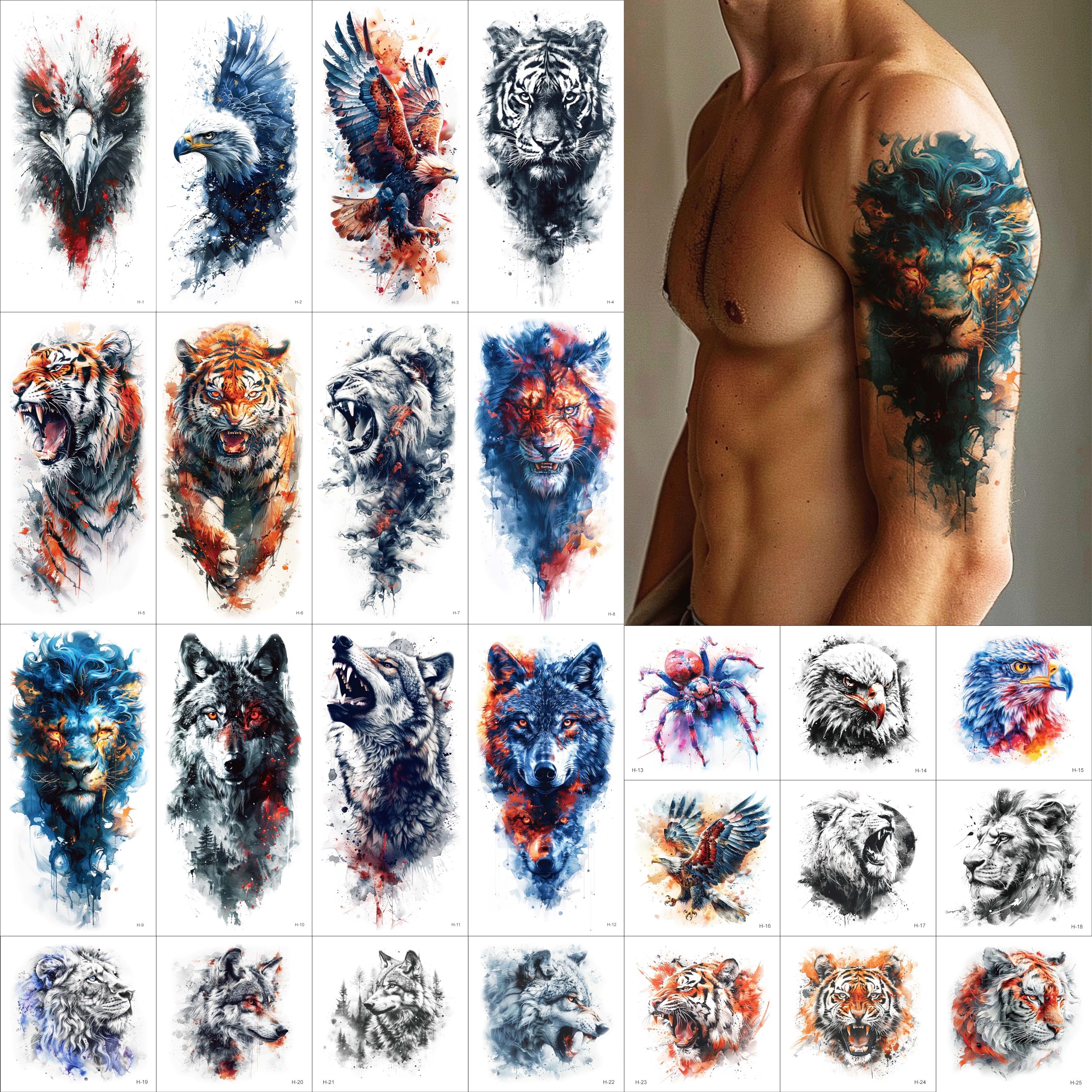 Everjoy 25 Sheets Tough Beast Temporary Tattoo Stickers, 12 Sheets Large Arm Watercolor Animals Fake Tattoos, 13 Pcs Small Animals Tattoo Stickers For Men and Women