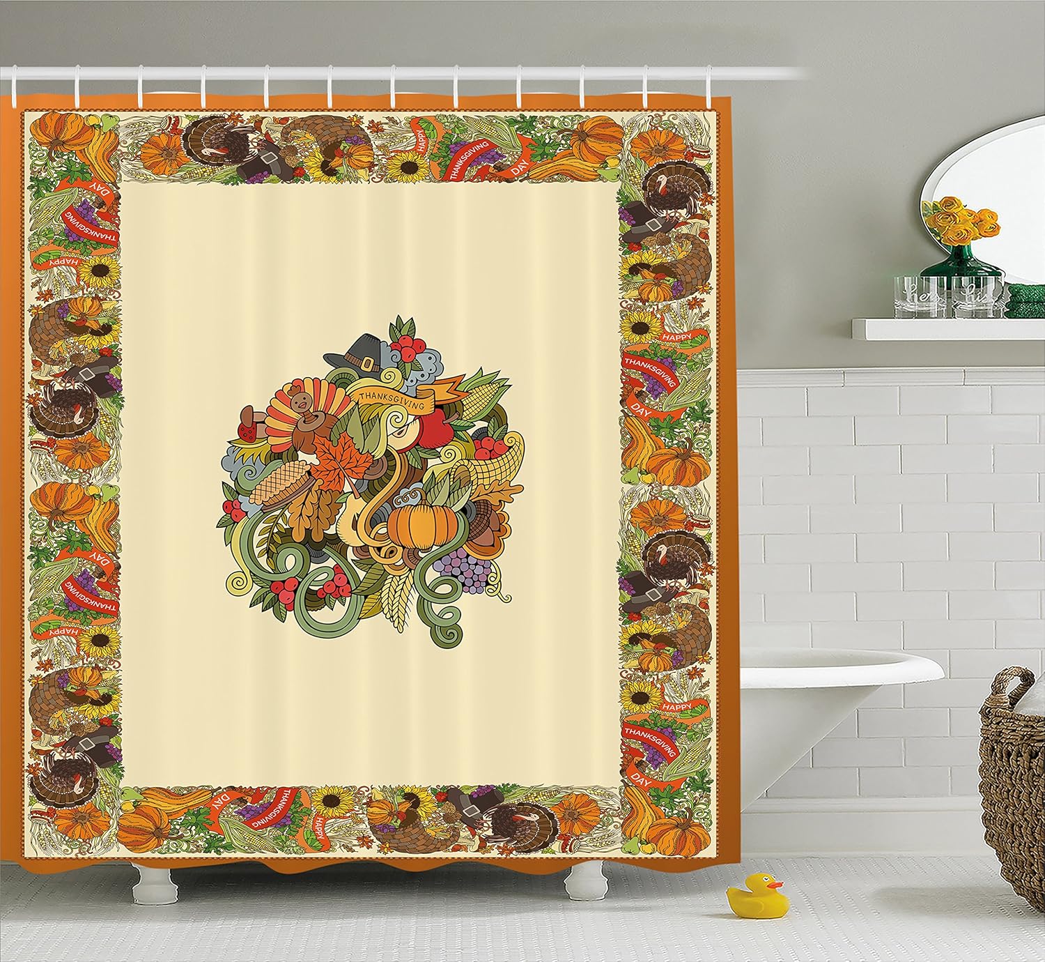 Ambesonne Thanksgiving Decorations Shower Curtain, Pumpkin Wreath Bow Cranberry