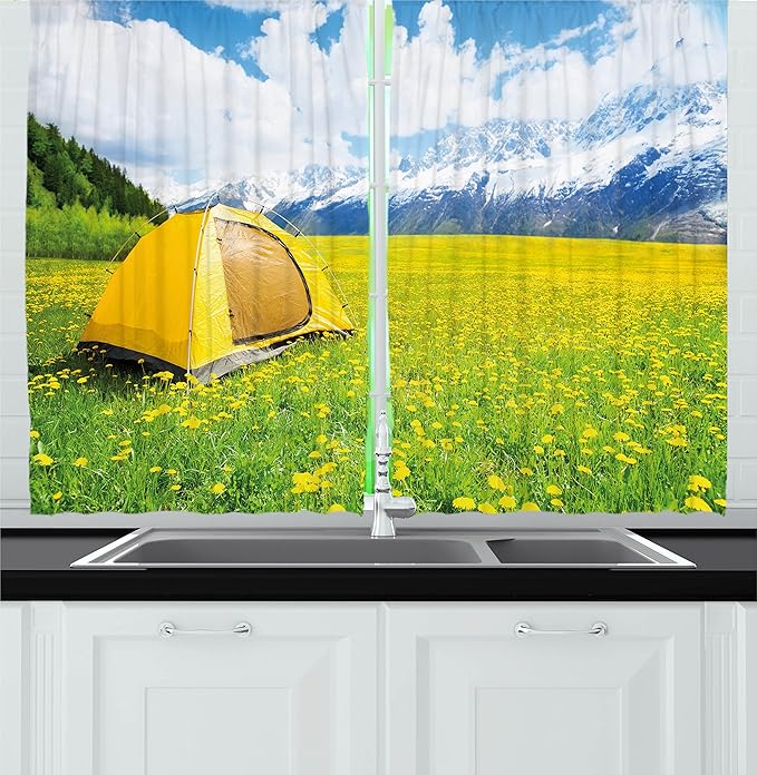 Ambesonne Camper Kitchen Curtains, Tent on Blooming Spring