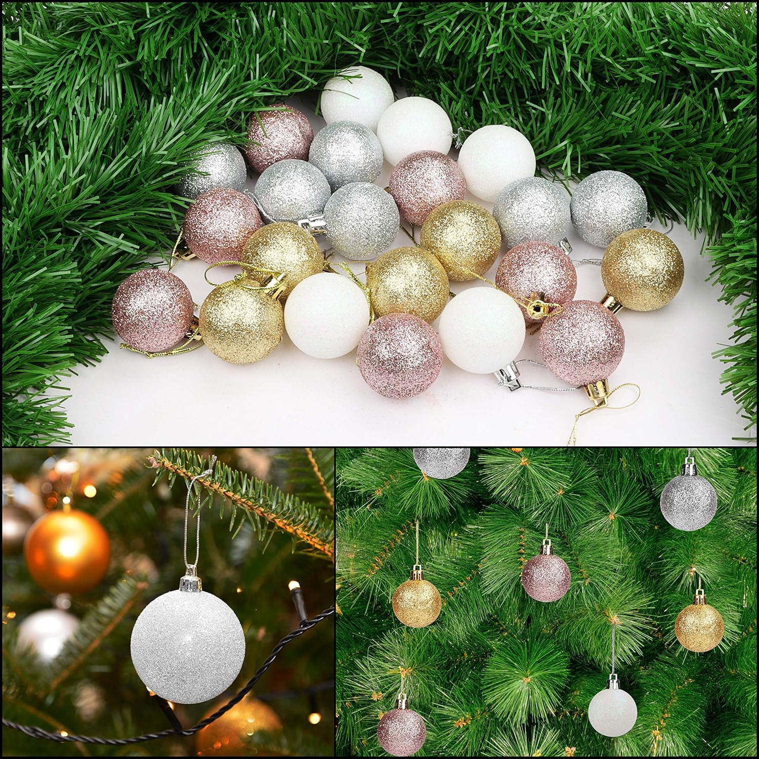Objets De Decoration Belle Vous Boule De Noel Blanc Et Rose Dore Avec Ficelle Pour Decoration De Noel Or Boule Sapin De Noel Scintillante 4 Cm 12 De Chaque Couleur Guirlandes