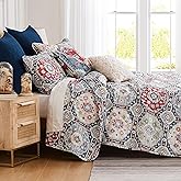 Southshore Fine Living, Inc. Queen/Full Quilt Bedding Set, 7-Pieces with 2 Pillow Shams, 2 Euro Shams, Throw Pillow & Throw Cover, Boho Bedding Set, Queen/Full Size, Kilim Blue & Red