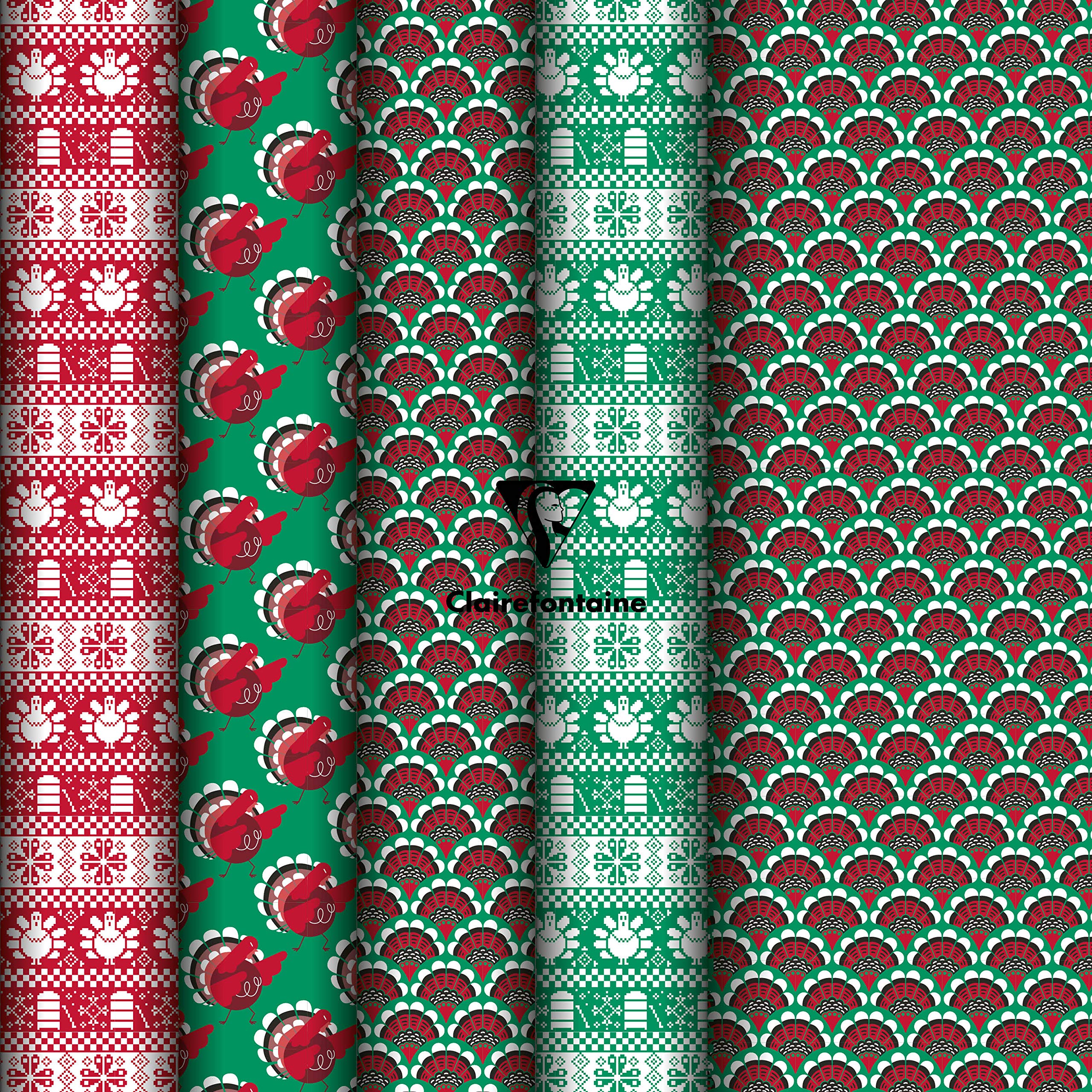 Clairefontaine 201979AMZC - A Box Of 20 Rolls Of Gift Paper - 80g Poster Paper - Dimensions : 5x0,35m (Special Small Width) - Pattern : Christmas, Red/Green
